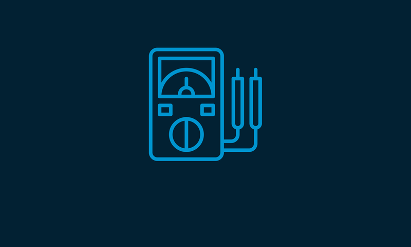 Line art of a multimeter with probes, drawn in blue on a dark background.
