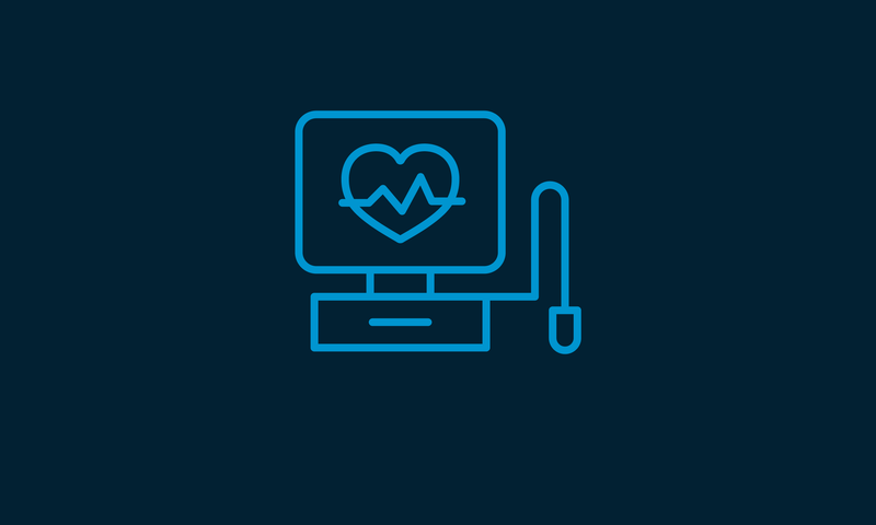 Blue line art of a computer with a heart and ECG line on the screen, symbolizing digital health monitoring on a dark background.