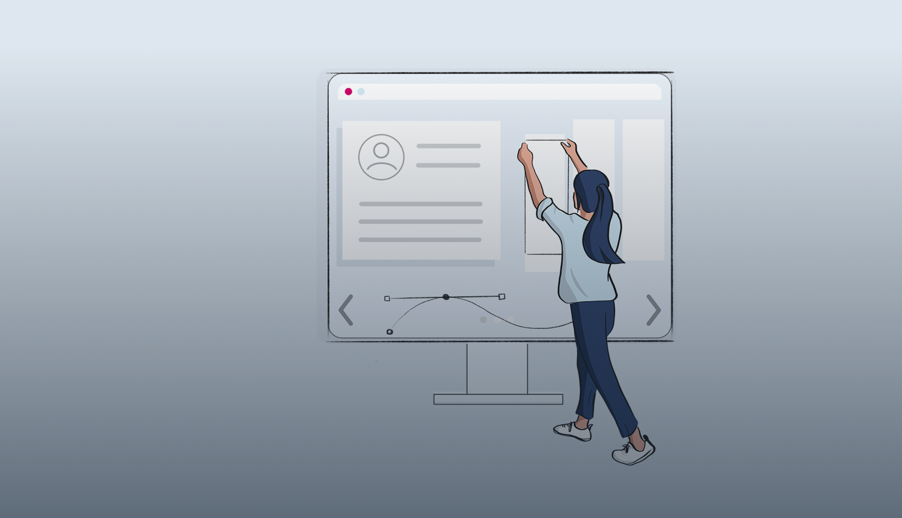 Illustration einer Frau, die mit einem großen digitalen Bildschirm interagiert, Elemente anordnet und ein Designlayout anpasst.