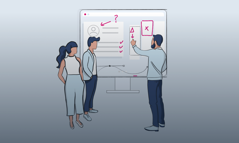 Three people stand in front of a digital board, discussing profile information and graphs with highlighted annotations and check marks.