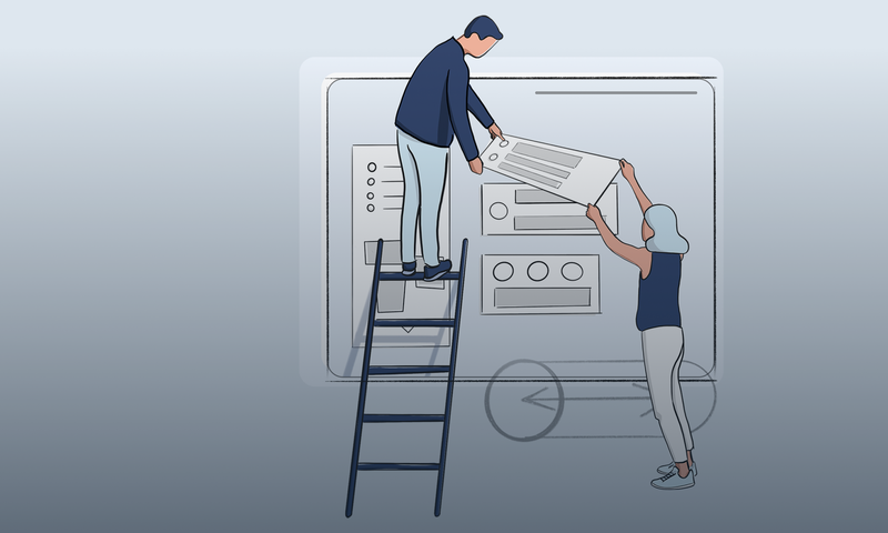Two cartoon people assembling a large on-screen interface, one standing on a ladder, the other handing over a document-like piece.