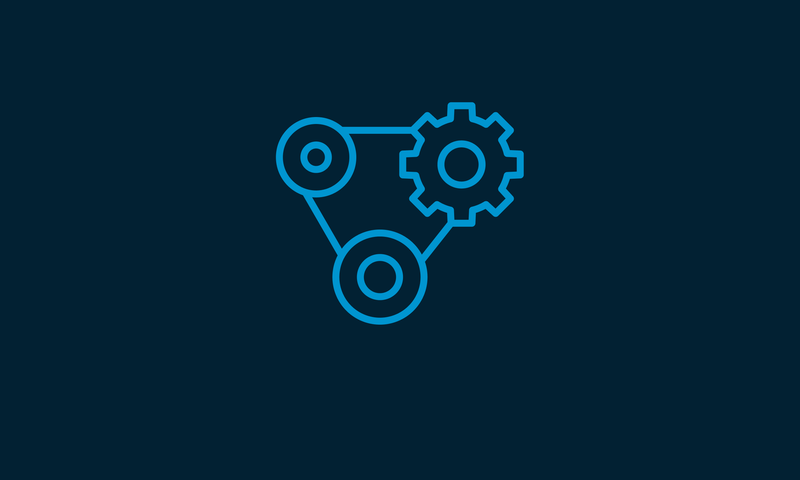 A blue digital illustration of interconnected circles and a gear, symbolizing a network or system, on a dark background.