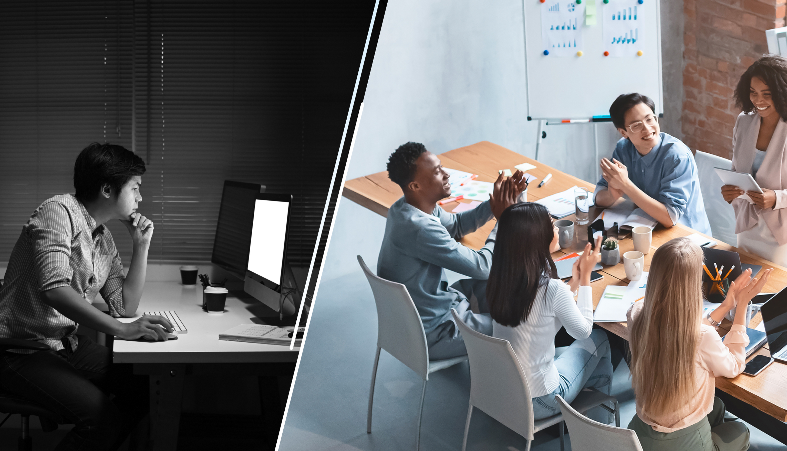 Split image: On the left side is a Person working alone at night on a computer, on the right side is a diverse team engaged in a collaborative meeting at a table.
