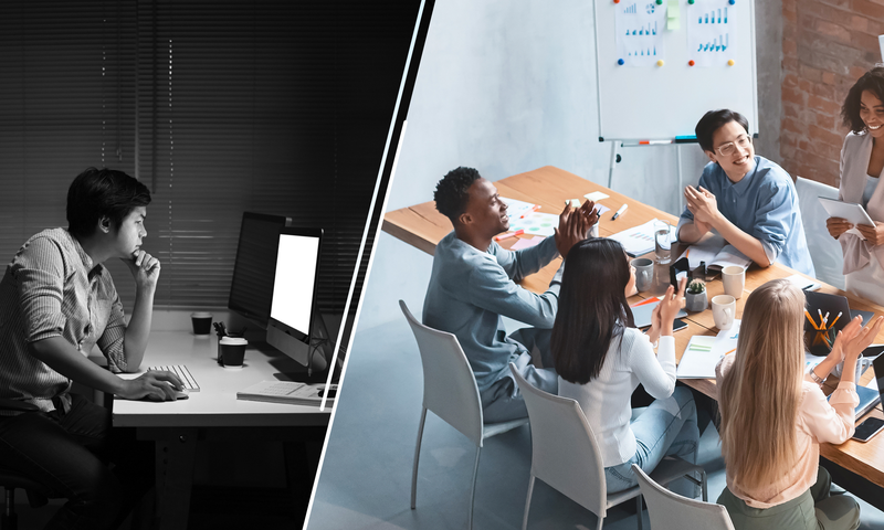 Geteiltes Bild: Auf der linken Seite ist eine Person zu sehen, die nachts allein am Computer arbeitet, auf der rechten Seite ein vielfältiges Team, das an einem Tisch gemeinsam an einer Besprechung teilnimmt.