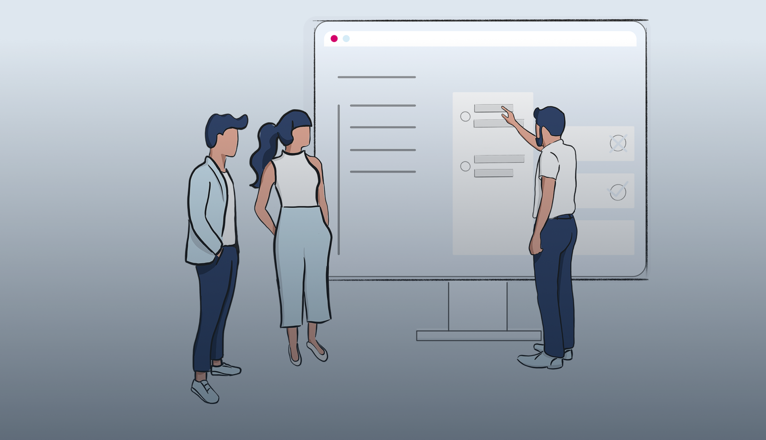 Drei Personen stehen vor einer großen Leinwand, wobei eine Person darauf zeigt; sie scheinen zu diskutieren oder Informationen zu präsentieren.