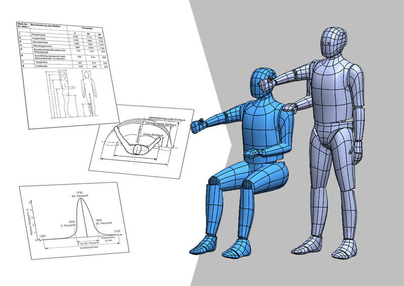 3D models of people reaching forward.