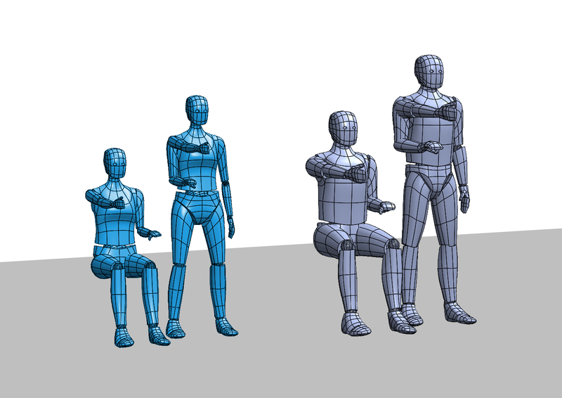 3D models of seated and standing persons, each reaching forward.