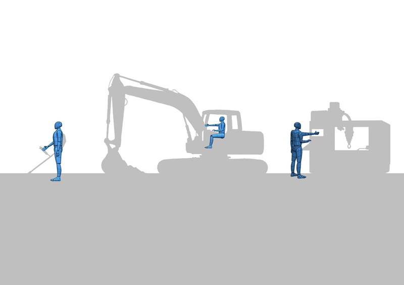 Depiction of people operating different devices and machines.