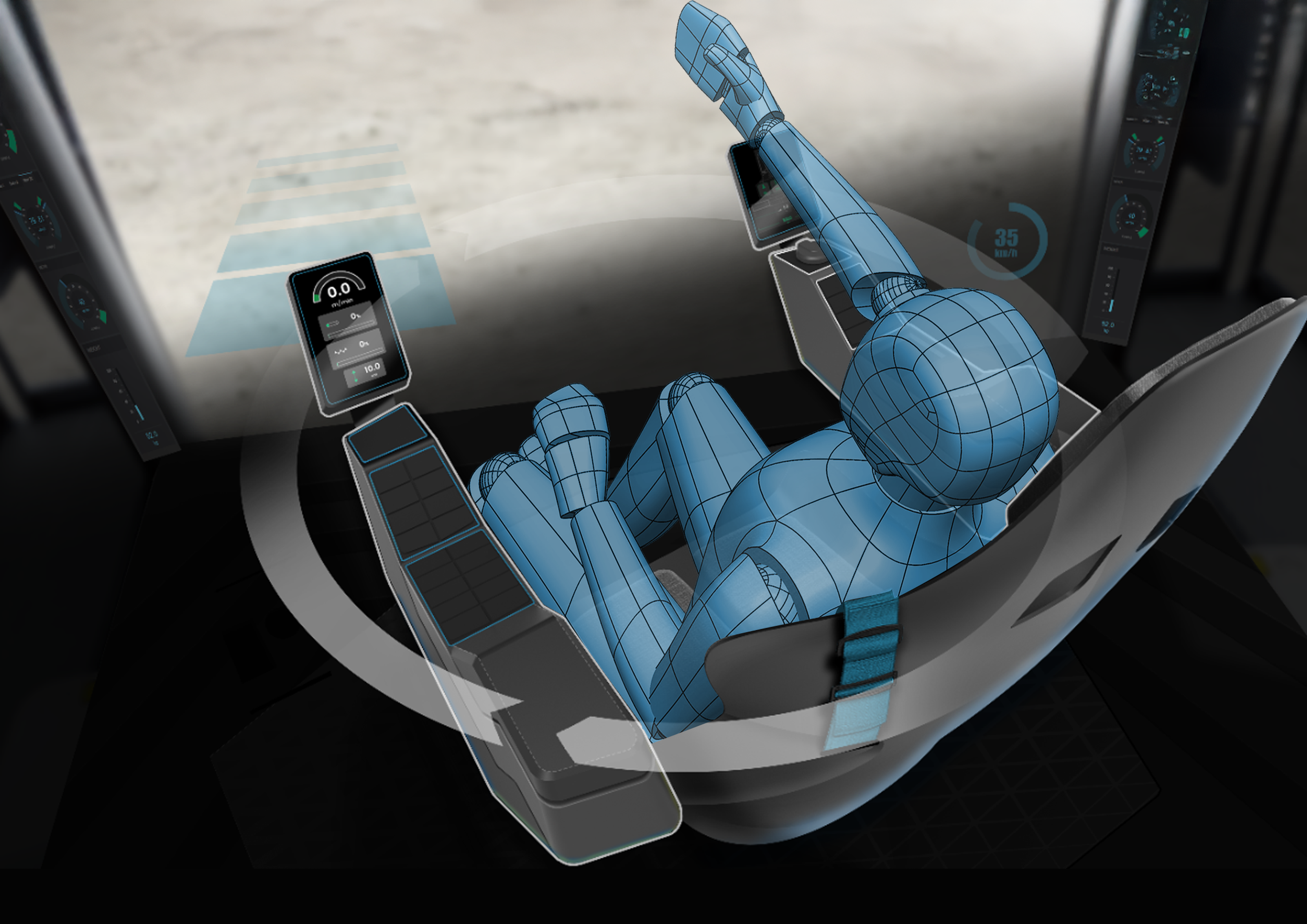 3D rendering of a person sitting on a chair and reaching forward.