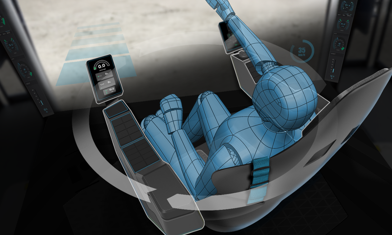 3D rendering of a person sitting on a chair and reaching forward.