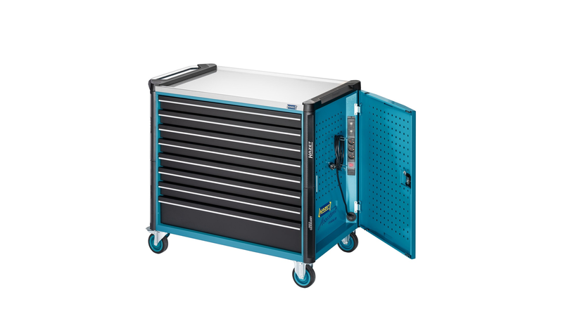A wide tool trolley with an open door.