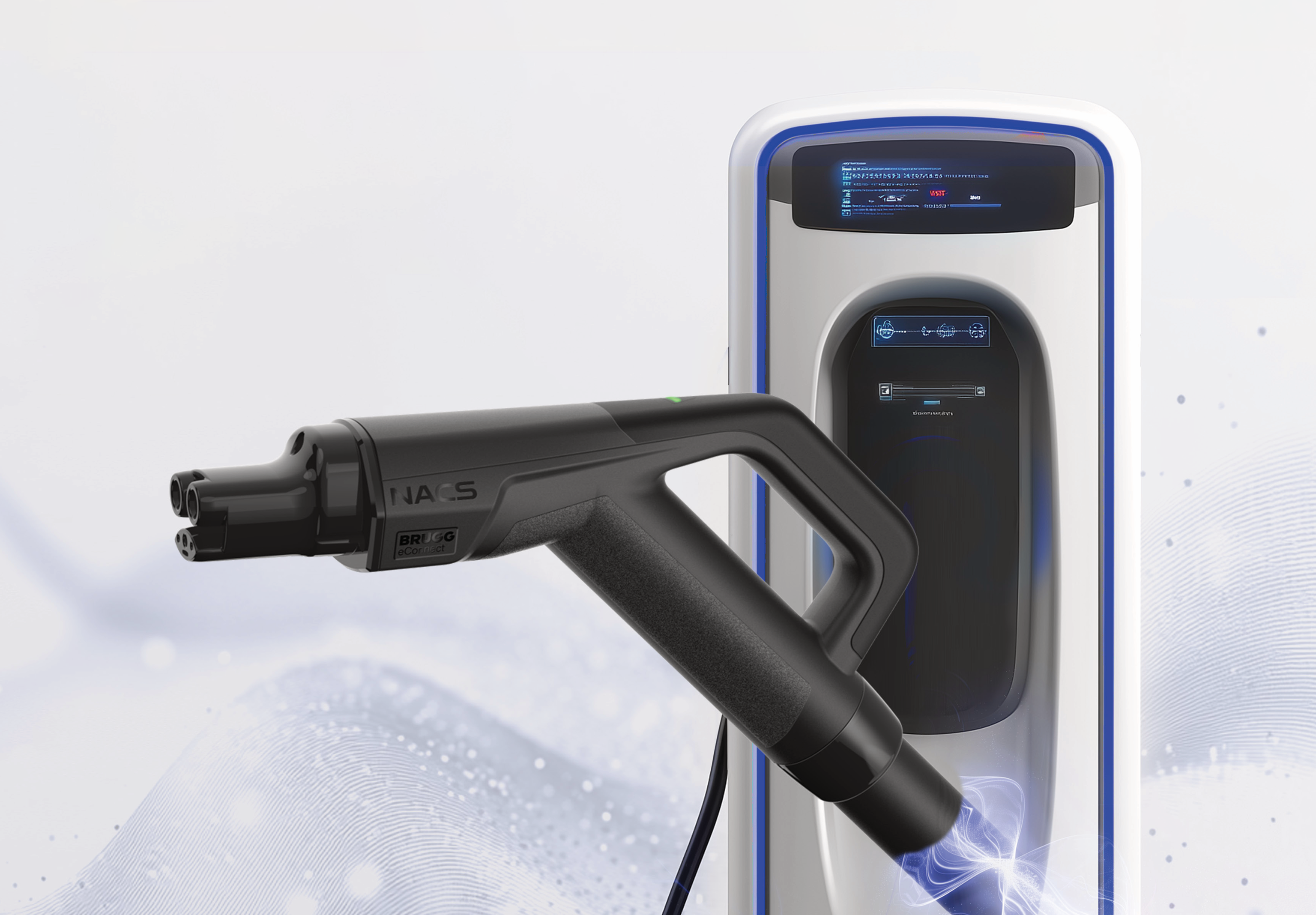 The NACS plug in front of a charging point.