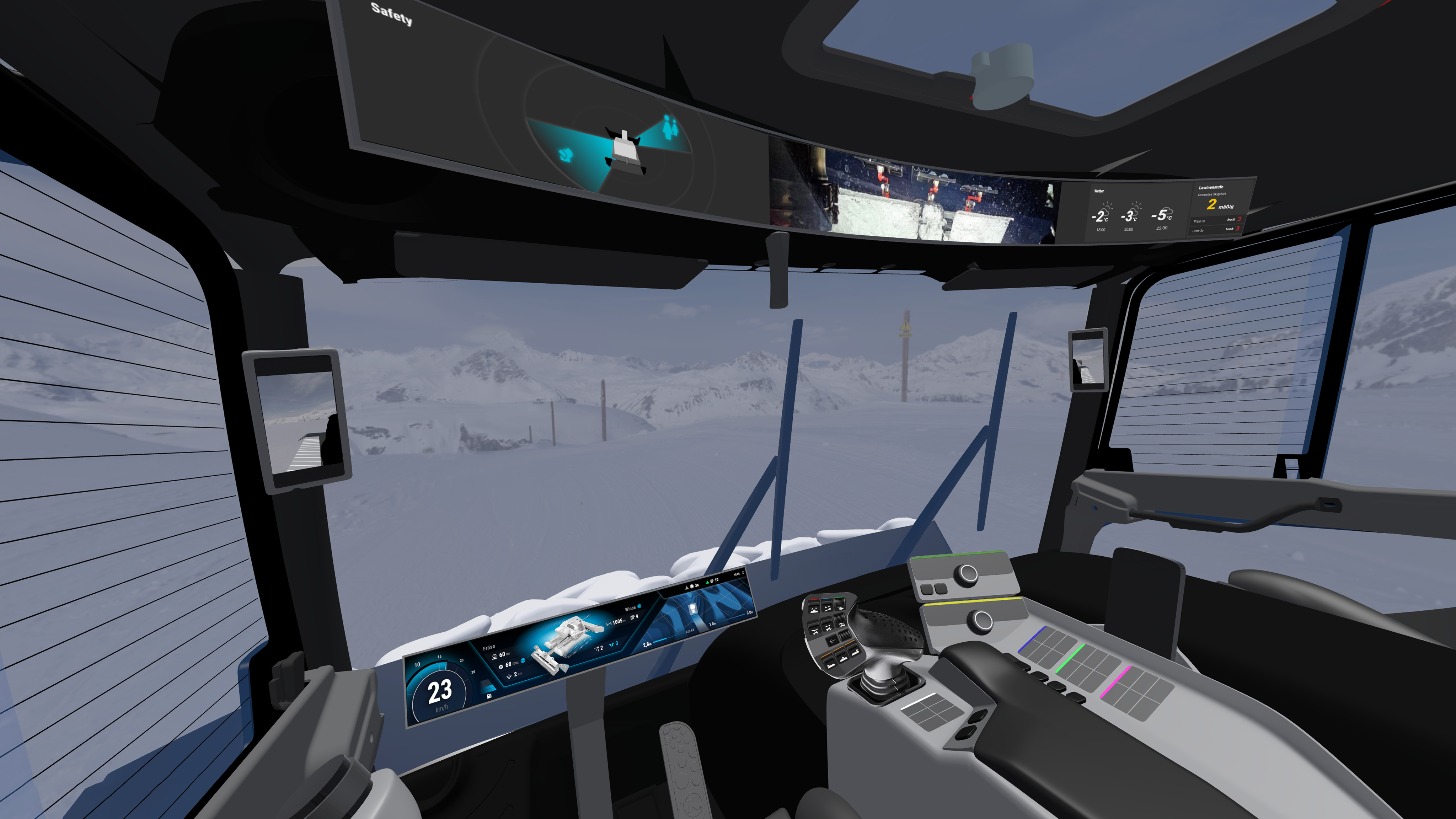 3D rendering of a snow groomer’s cockpit.