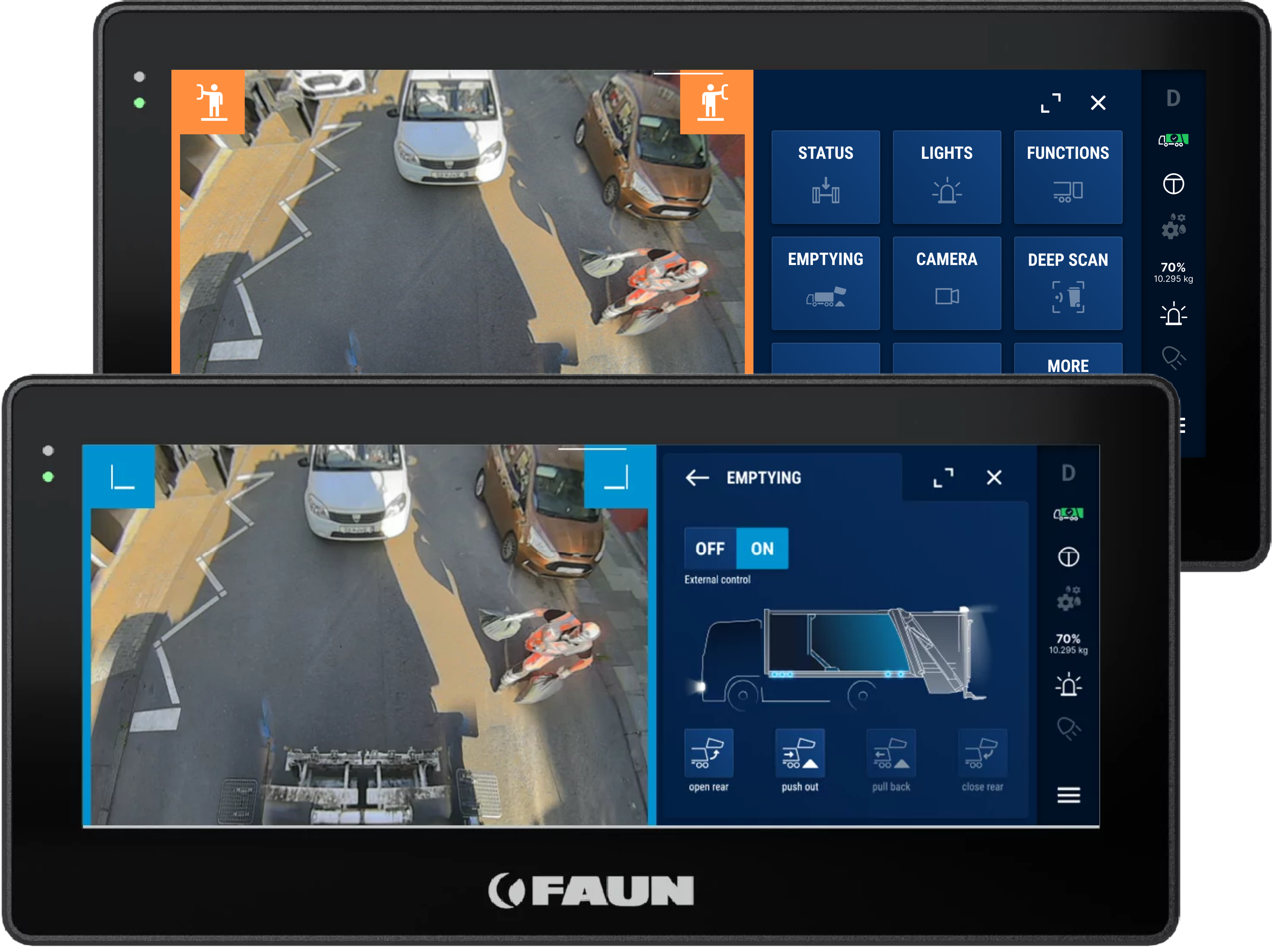 Zwei digitale Anzeigen, auf denen die Fahrzeugsteuerungsoberflächen mit Live-Kameraansichten und Optionen wie „Entleeren“ und „Kamera“ zu sehen sind.