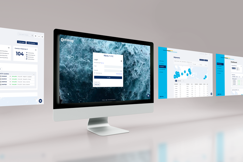 The screen showing the login page is displayed on a computer, with other screen views shown alongside it.