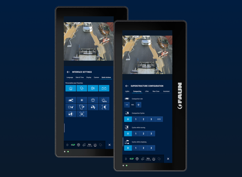 Zwei Tablets, auf denen die Schnittstelleneinstellungen und die Konfiguration der Aufbaukomponenten eines Fahrzeugs angezeigt werden, mit Schaltflächen zur individuellen Anpassung und Einstellung der Parameter.