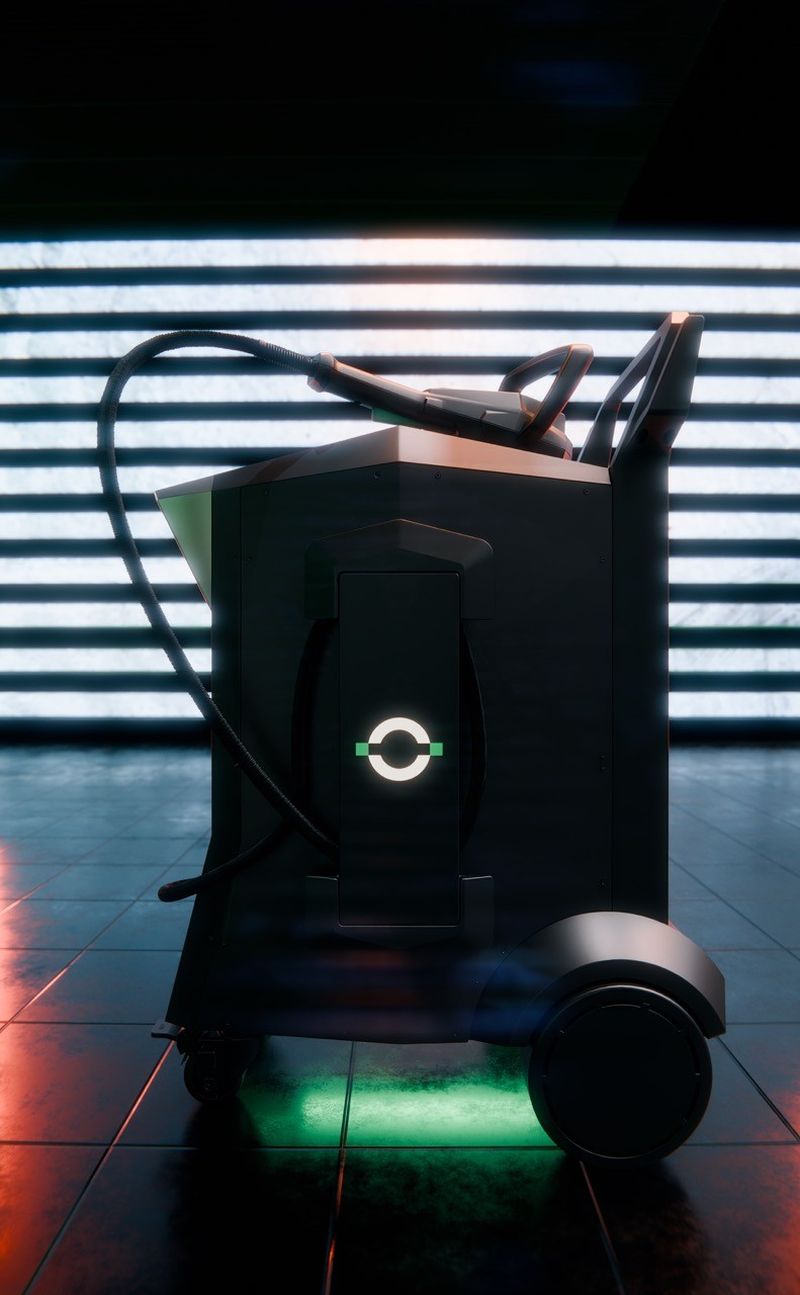 Der Theo Cleaner von der Seite, welcher grün leuchtet.