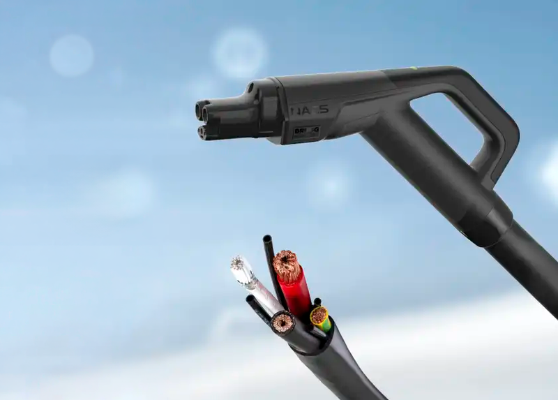 The NACS connector viewed from the side, along with a section of cable showing six different smaller cables.