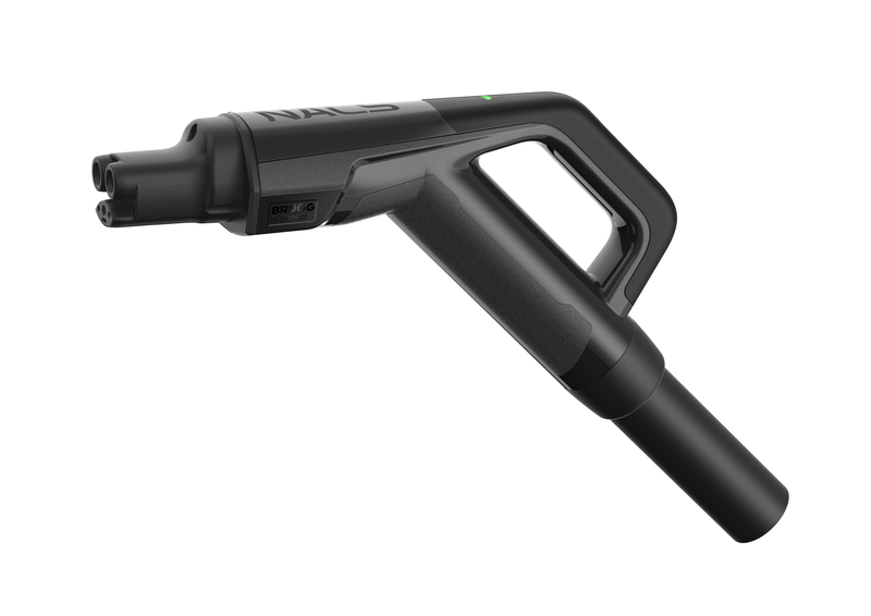 The NACS plug, viewed from the side against a white background.