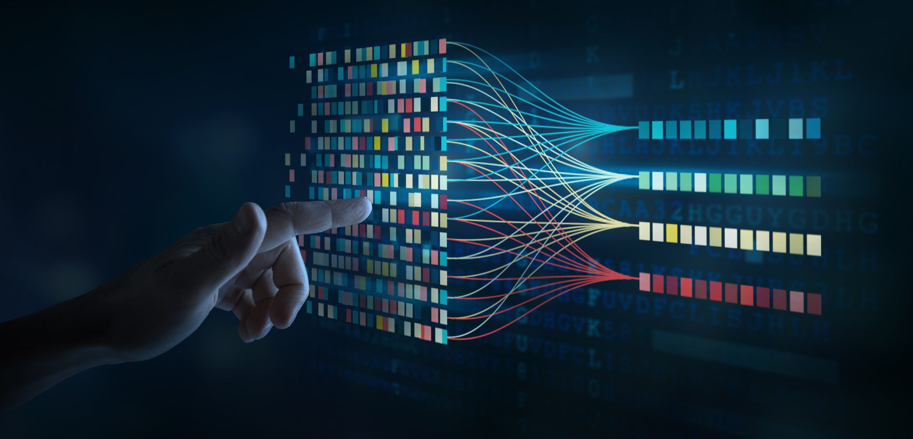Finger pointing at a colorful digital data interface with connecting lines, symbolizing data analysis or processing on a dark background.