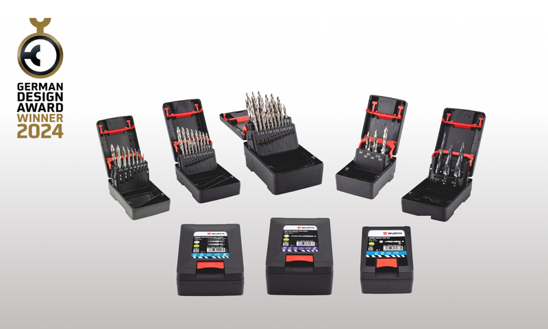 Produktübersicht der WÜRTH System-Kassetten und das Logo des German Design Awards auf der linken Seite.