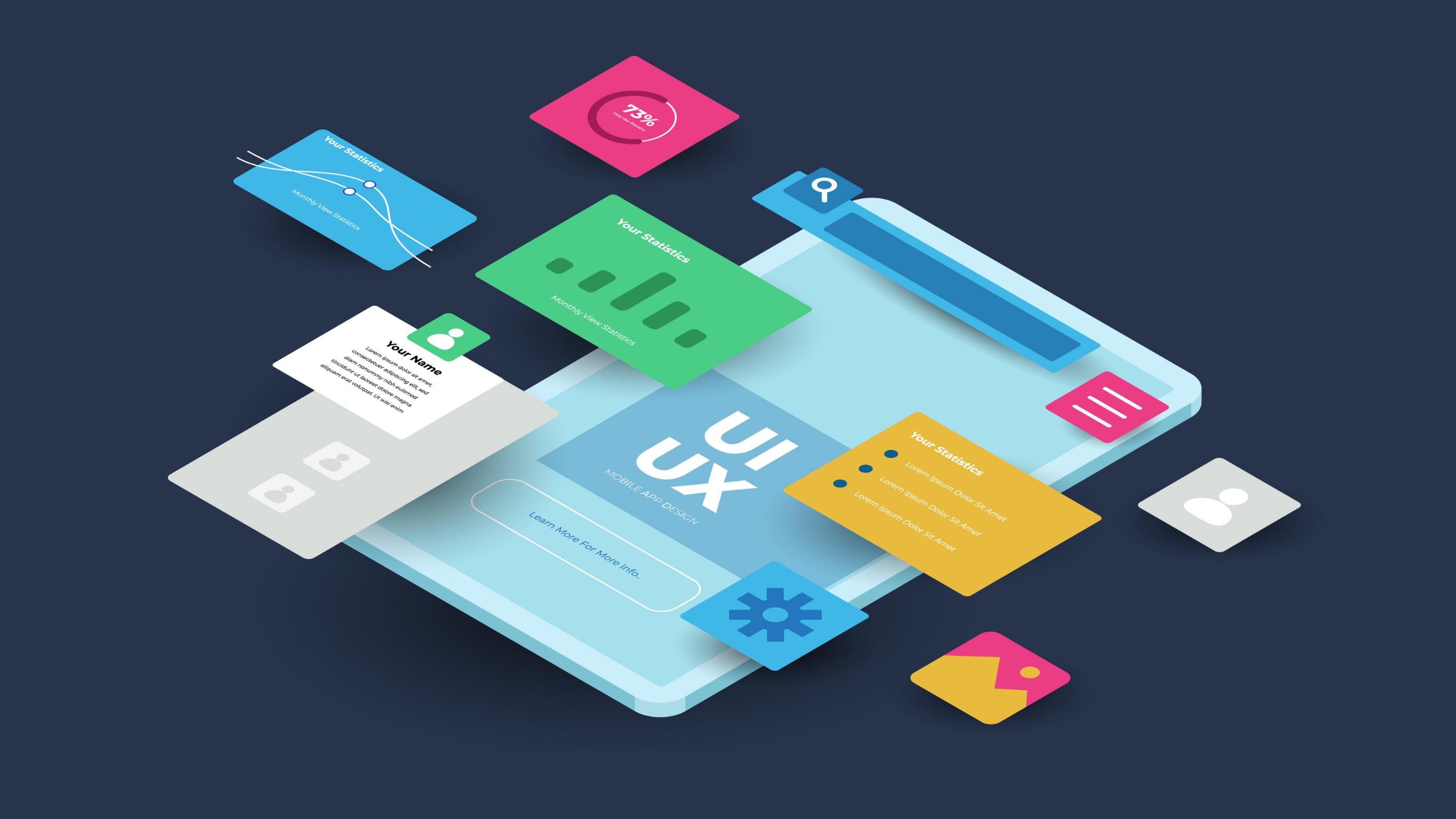 Das Bild zeigt eine bunte Grafik, die den Unterschied und das Zusammenspiel von UI und UX visualisieren soll. Die Basis für die Grafik ist eine Art Smartphone, aus dem dann verschiedene Grafiken 3D-artig herausspringen.