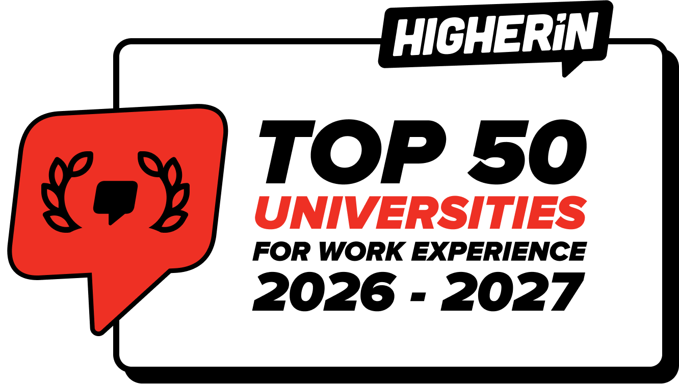 Badge displaying "Higherin Top 50 Universities for Work Experience 2026-2027" with a red speech bubble and laurel icon.
