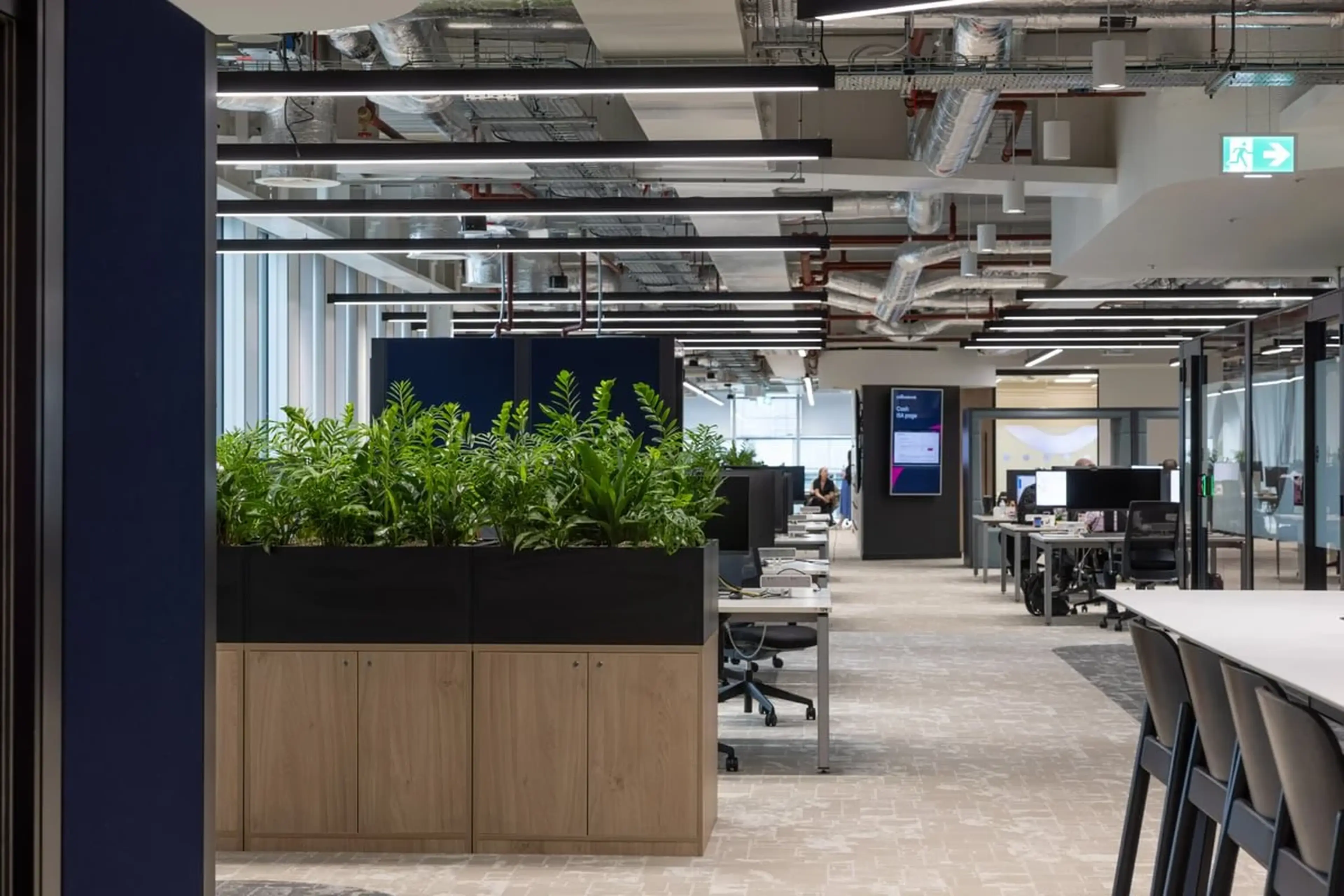 A hallways with a planter in the foreground