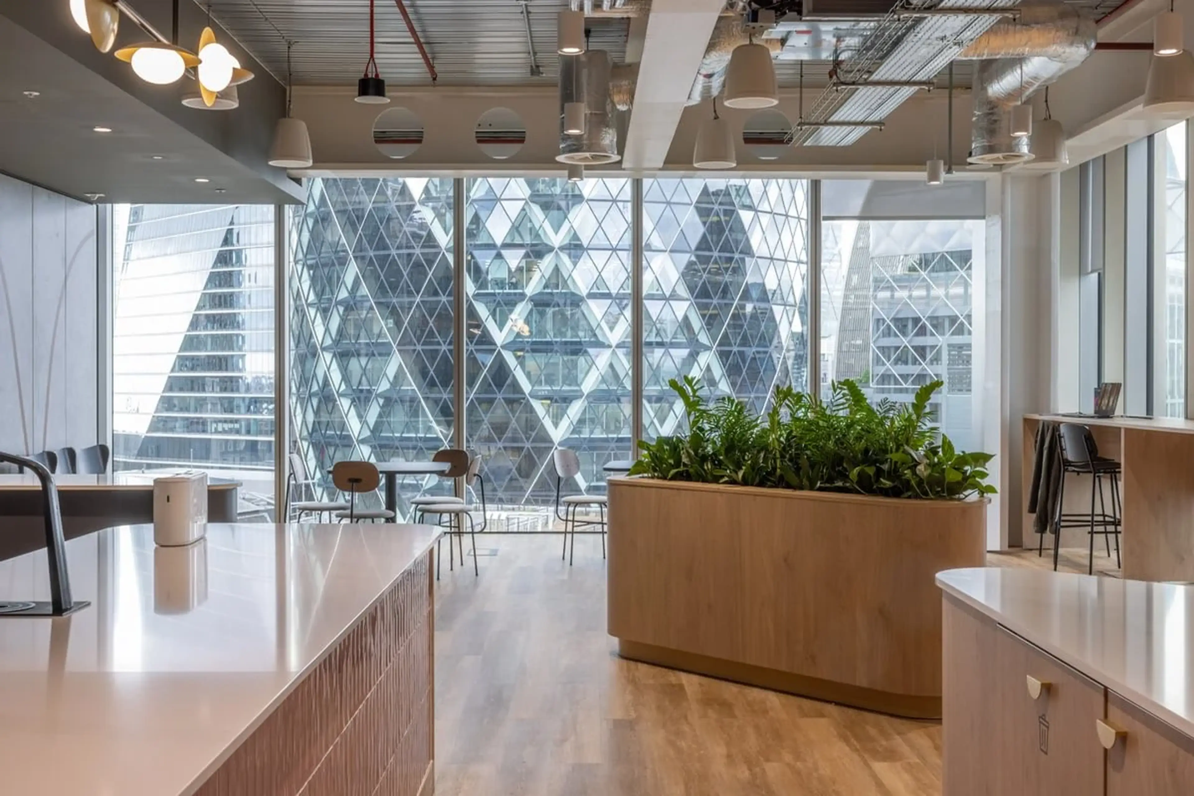 Modern office space with wooden flooring, indoor plants, and large windows offering a view of distinctive, geometric skyscrapers outside.