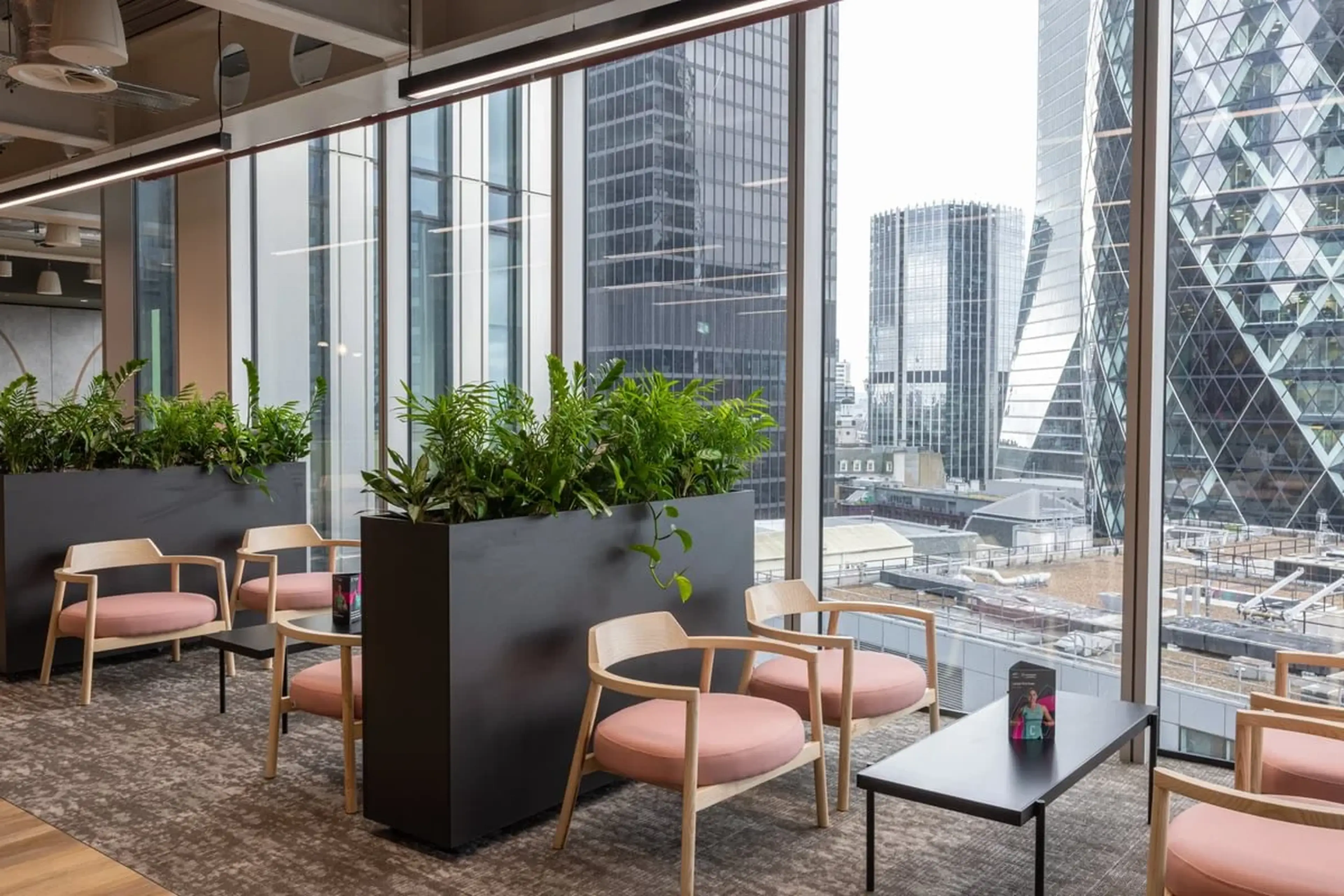 Modern office lounge with pink chairs, large planters, and floor-to-ceiling windows offering a cityscape view of skyscrapers.