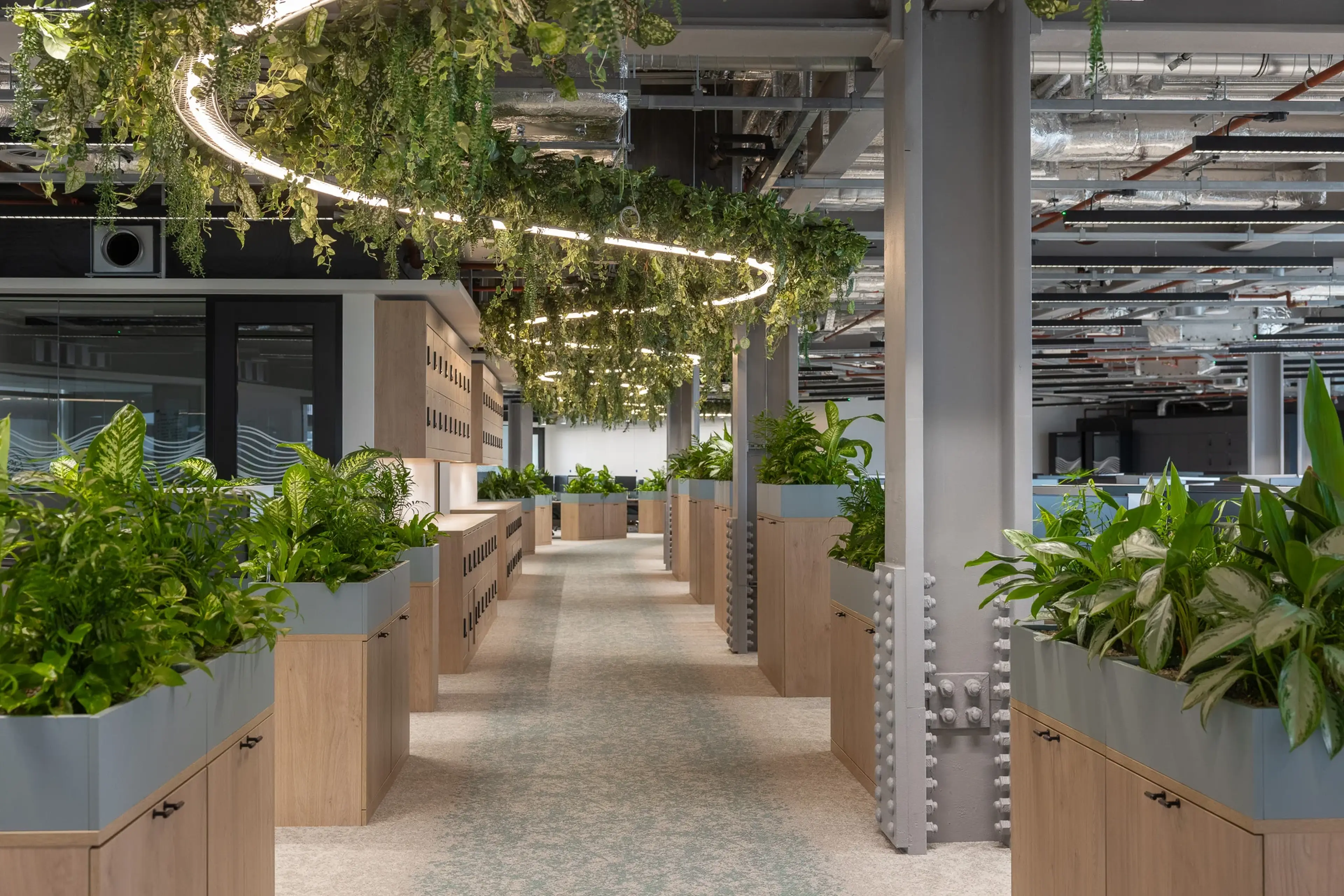 Multi-level planting weaves from door-to-door.