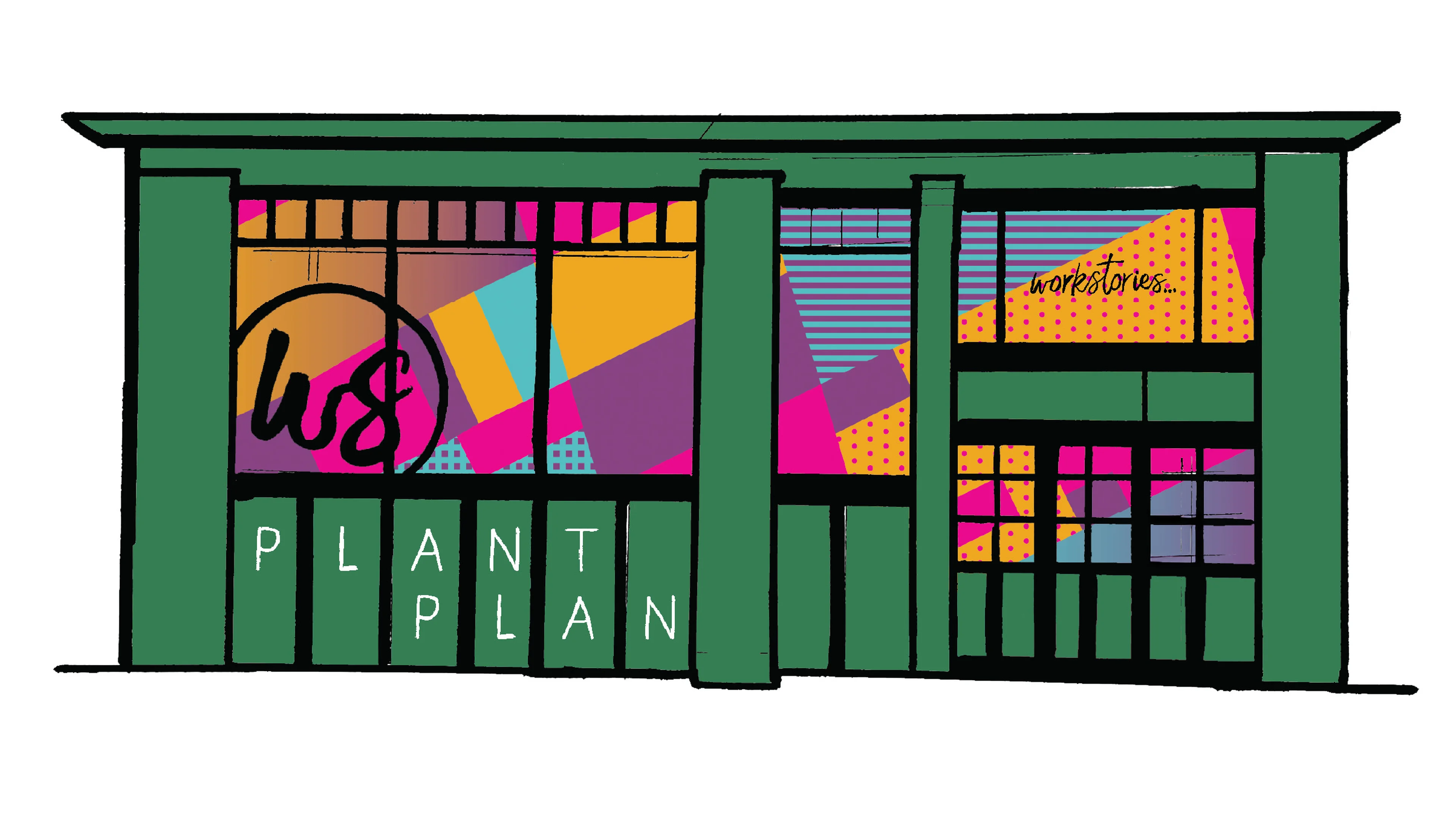 Illustrated sketch of the Workstories showroom with Clerkenwell Design Week 2025 graphics, featuring Plant Plan branding on the facade and a bold, colourful pattern in the windows.