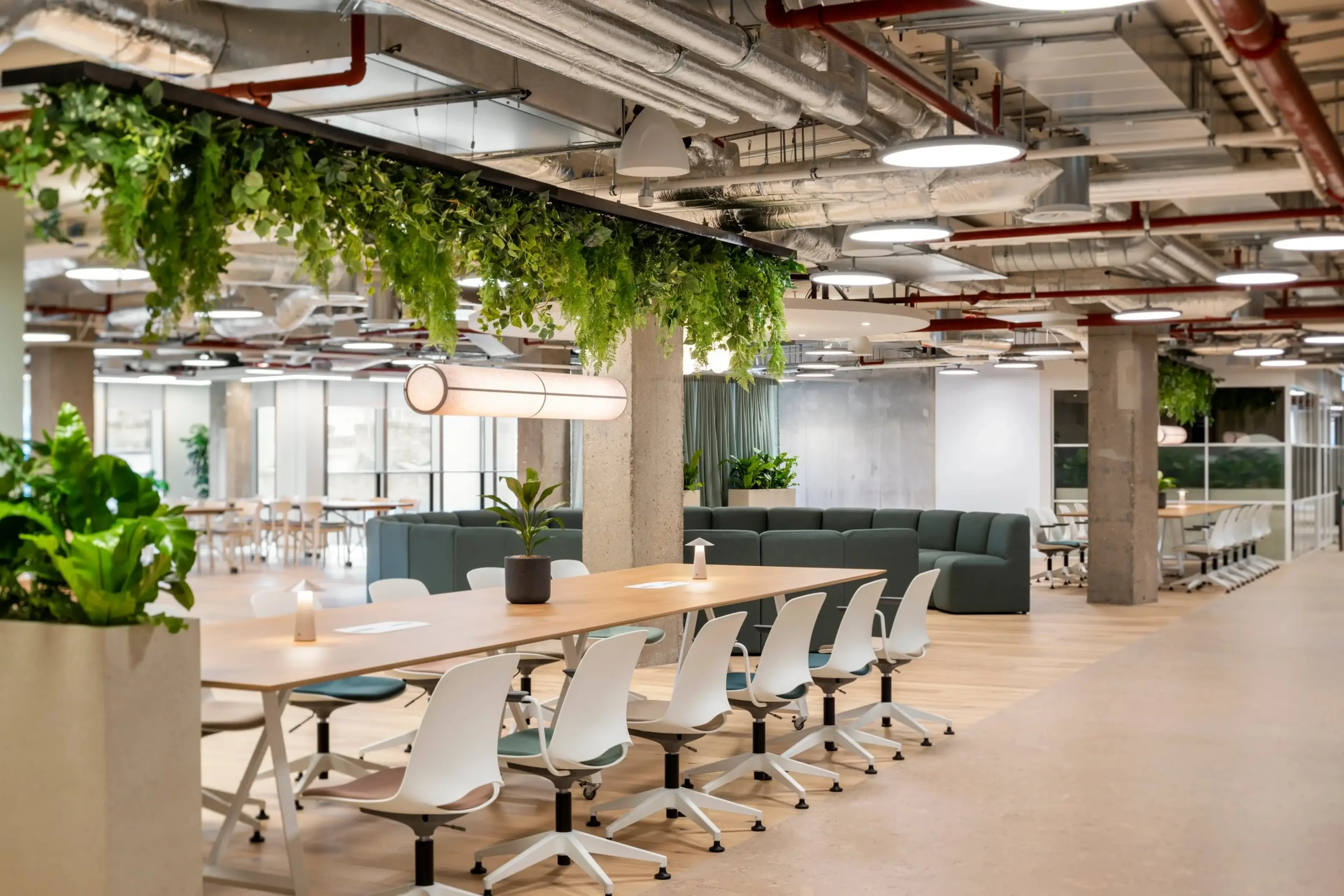 Modern open office with a wooden table, white chairs, greenery, and soft lighting, featuring ceiling plants and a cozy seating area.