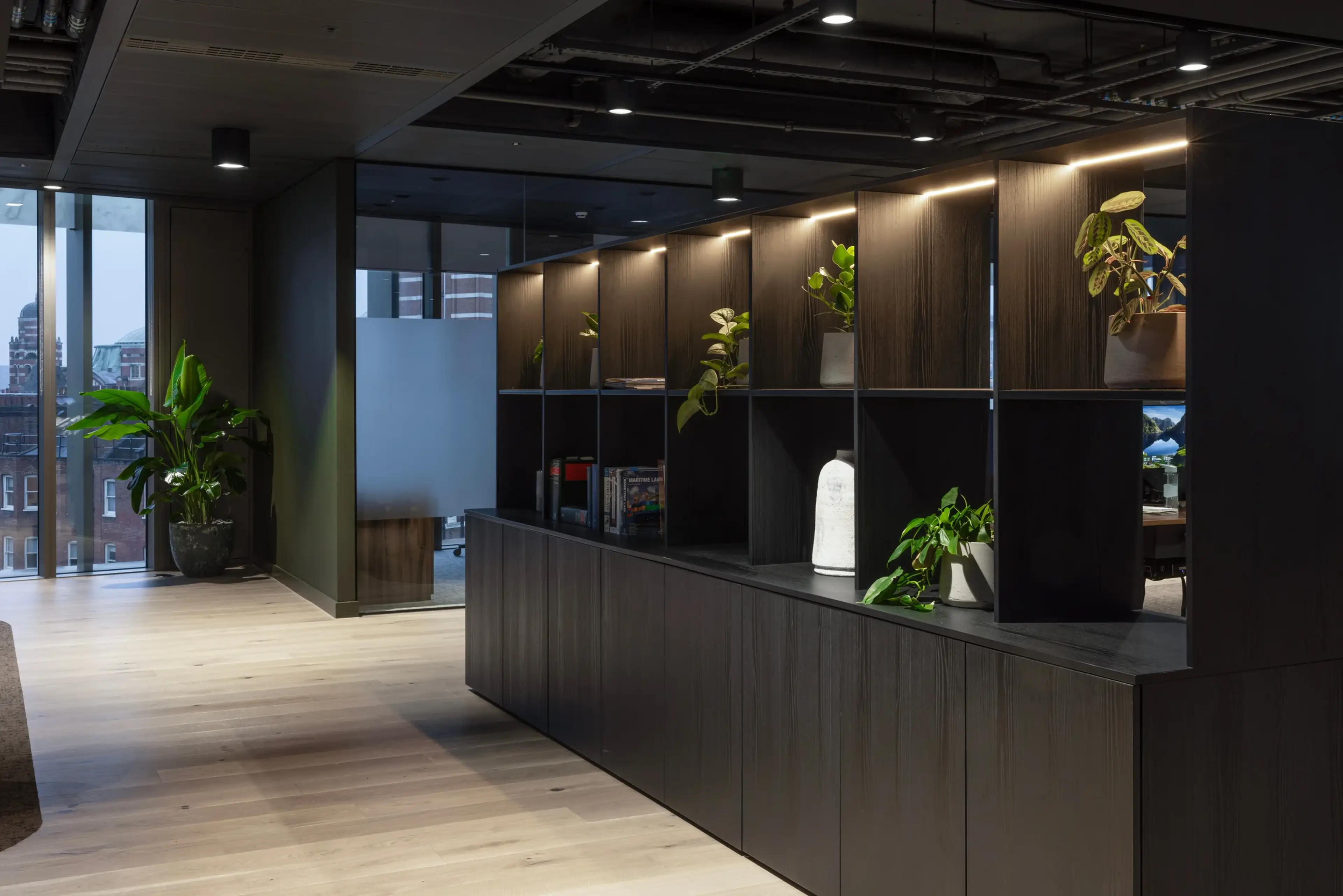 A shelving unit with a sleek dark wood finish, showcasing a mix of trailing and upright indoor plants in various ceramic pots. The background includes an open office area with glass partitions.