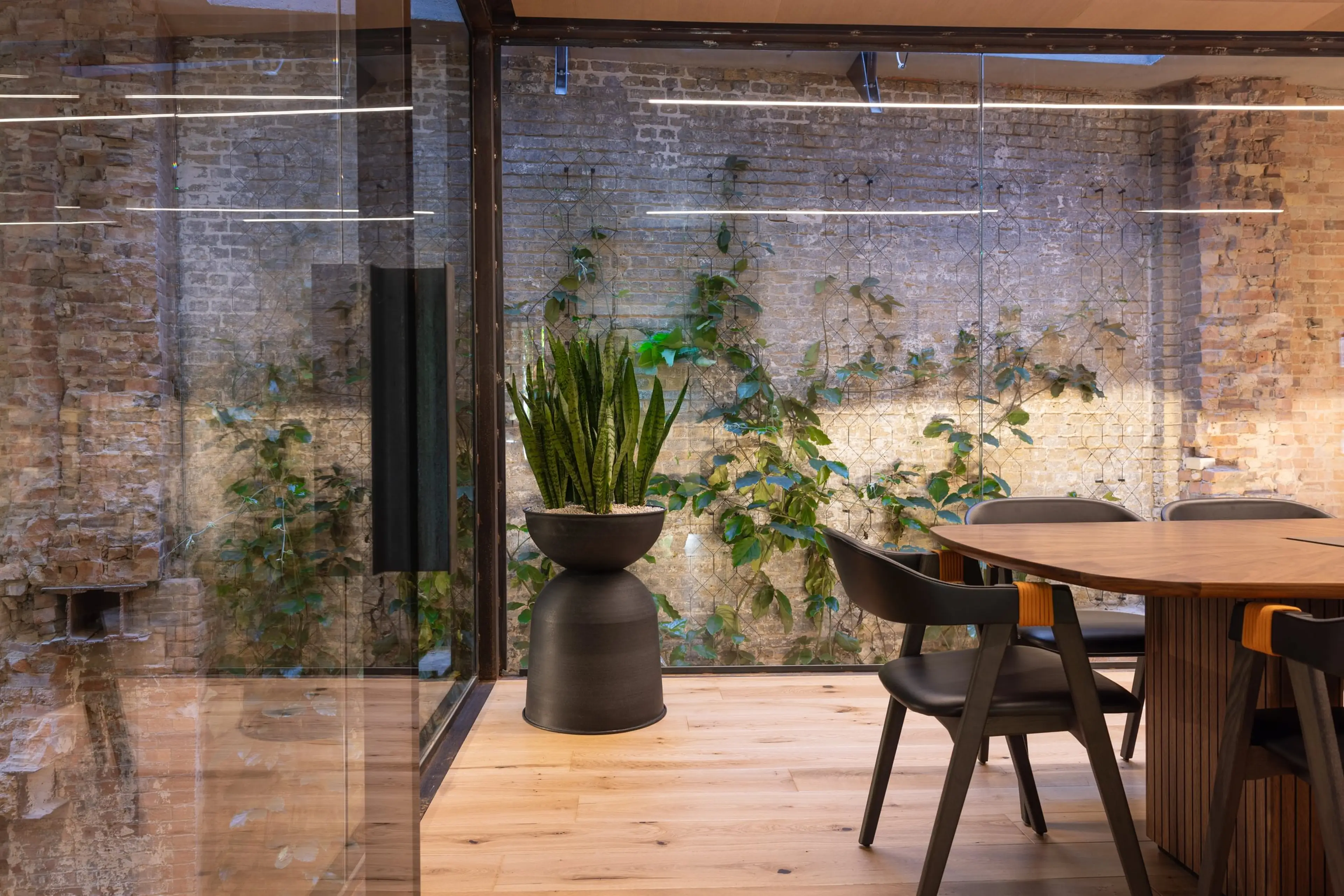 Modern office with glass walls, a round wooden table, black chairs, and a large potted plant. Exposed brick wall with climbing greenery outside.