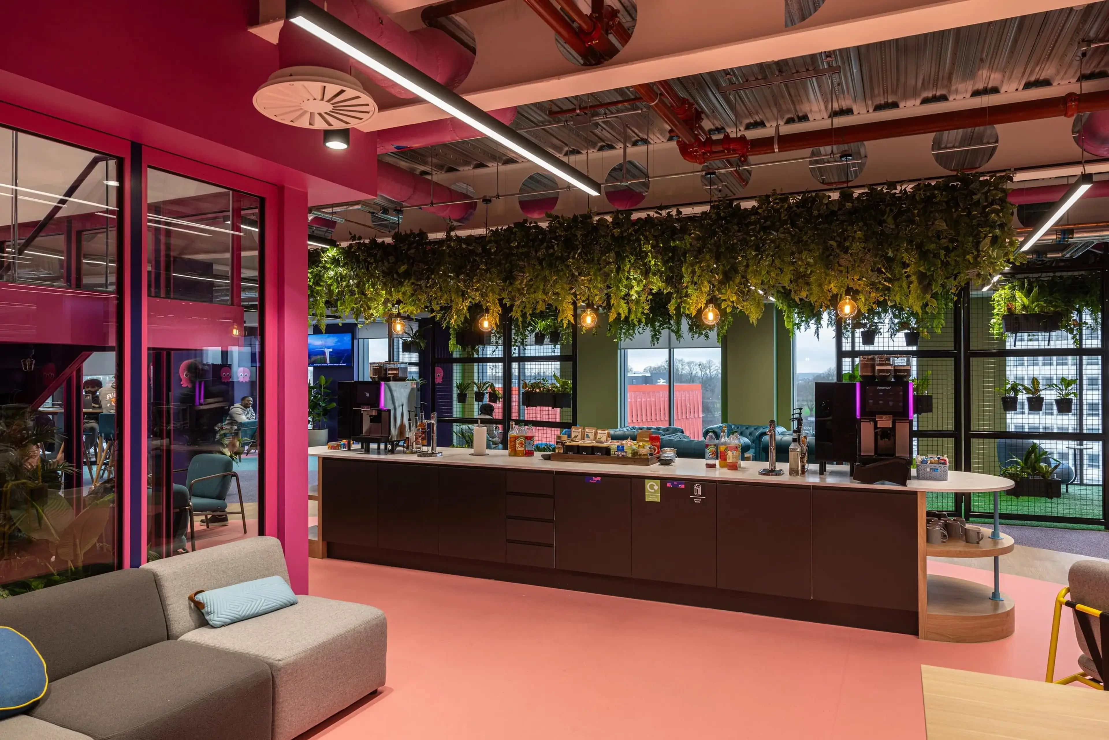 Office snack bar with pink flooring, and a gray sofa. Hanging plants and colorful decor create a vibrant atmosphere.