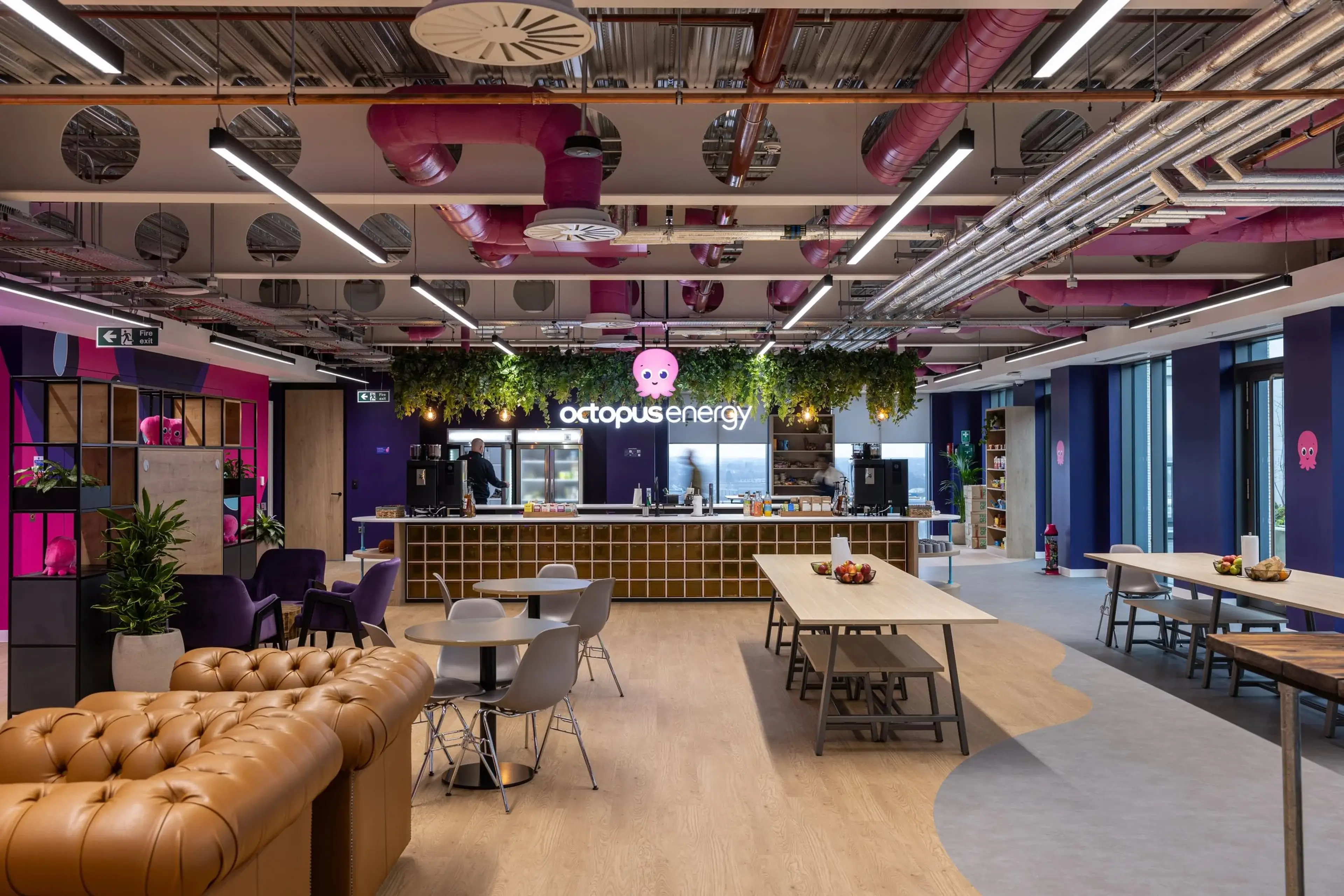 Modern office space with a central reception desk, green plants, purple walls, and wooden furniture, featuring the Octopus Energy logo.