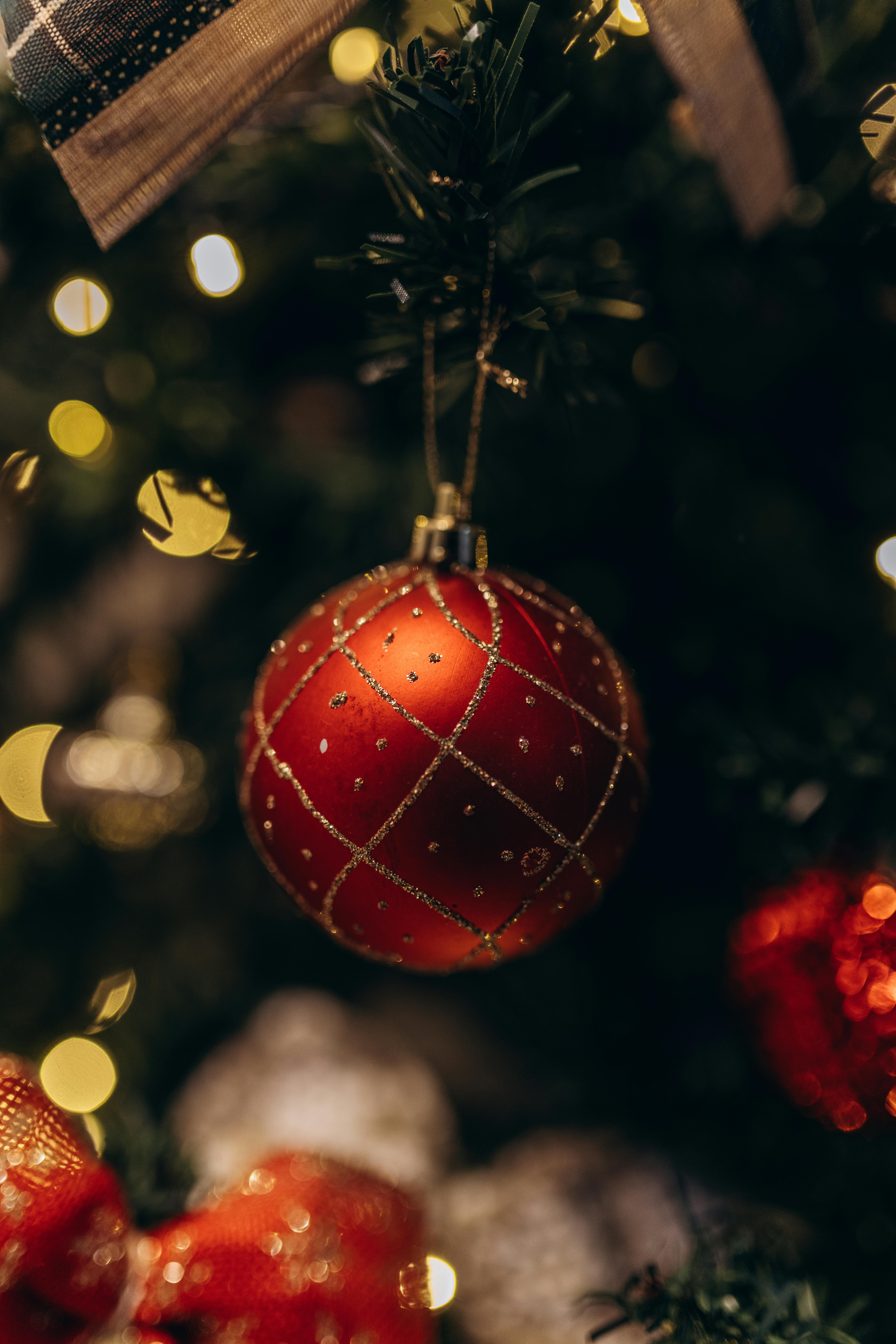 Red bauble hanging on festive christmas tree