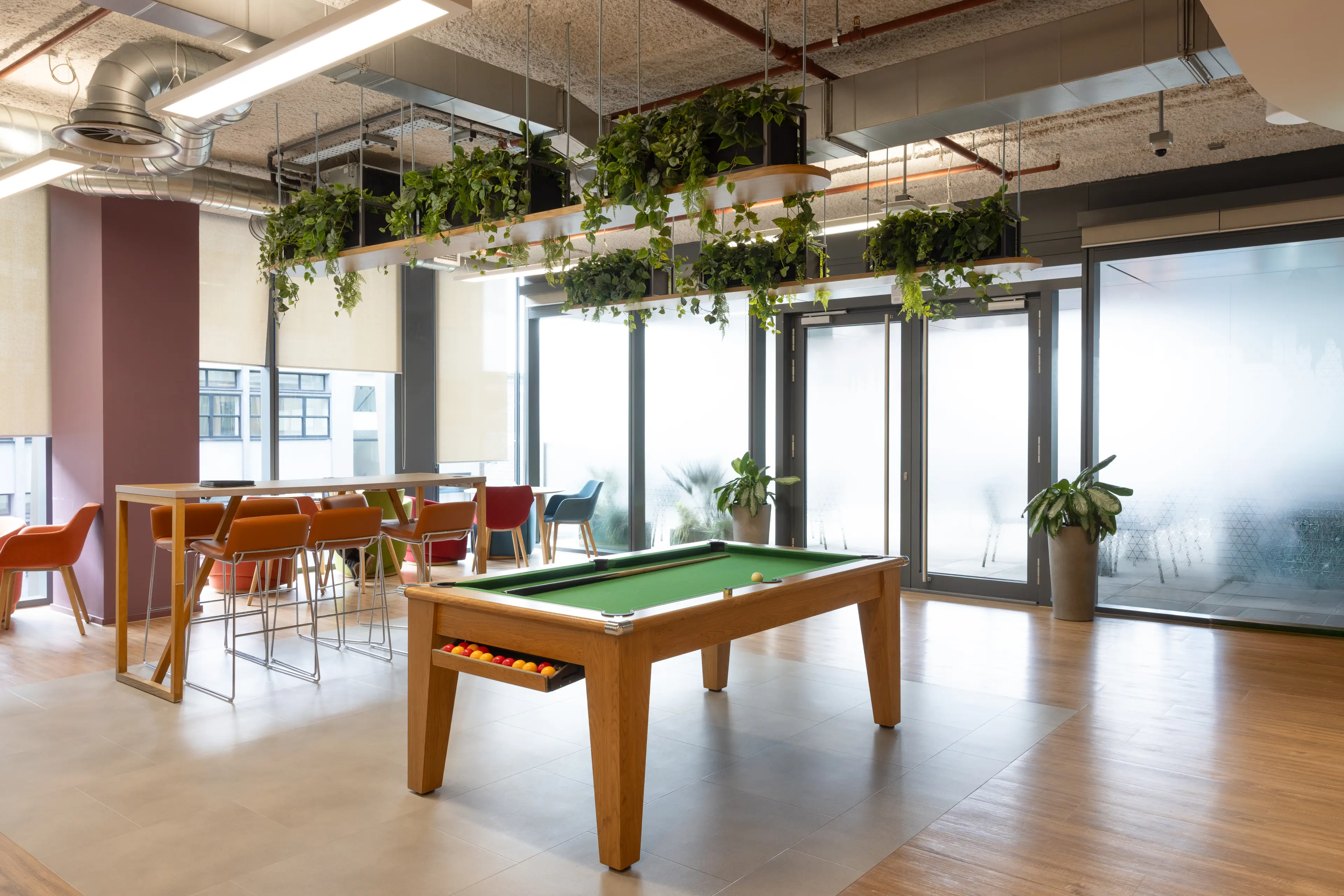 A Light and airy office with hangin planting