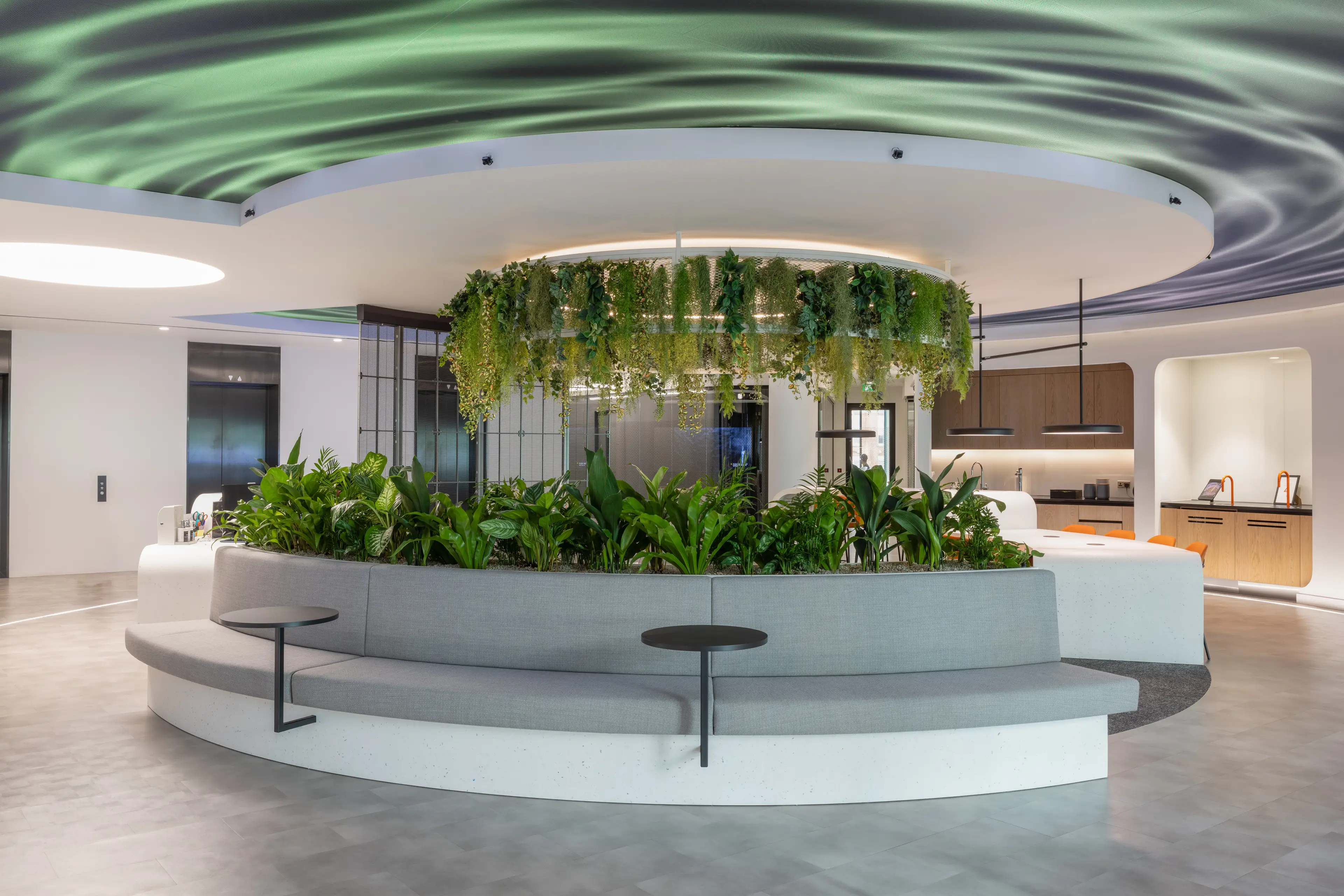 A light office breakout space with bench planting and hanging plants