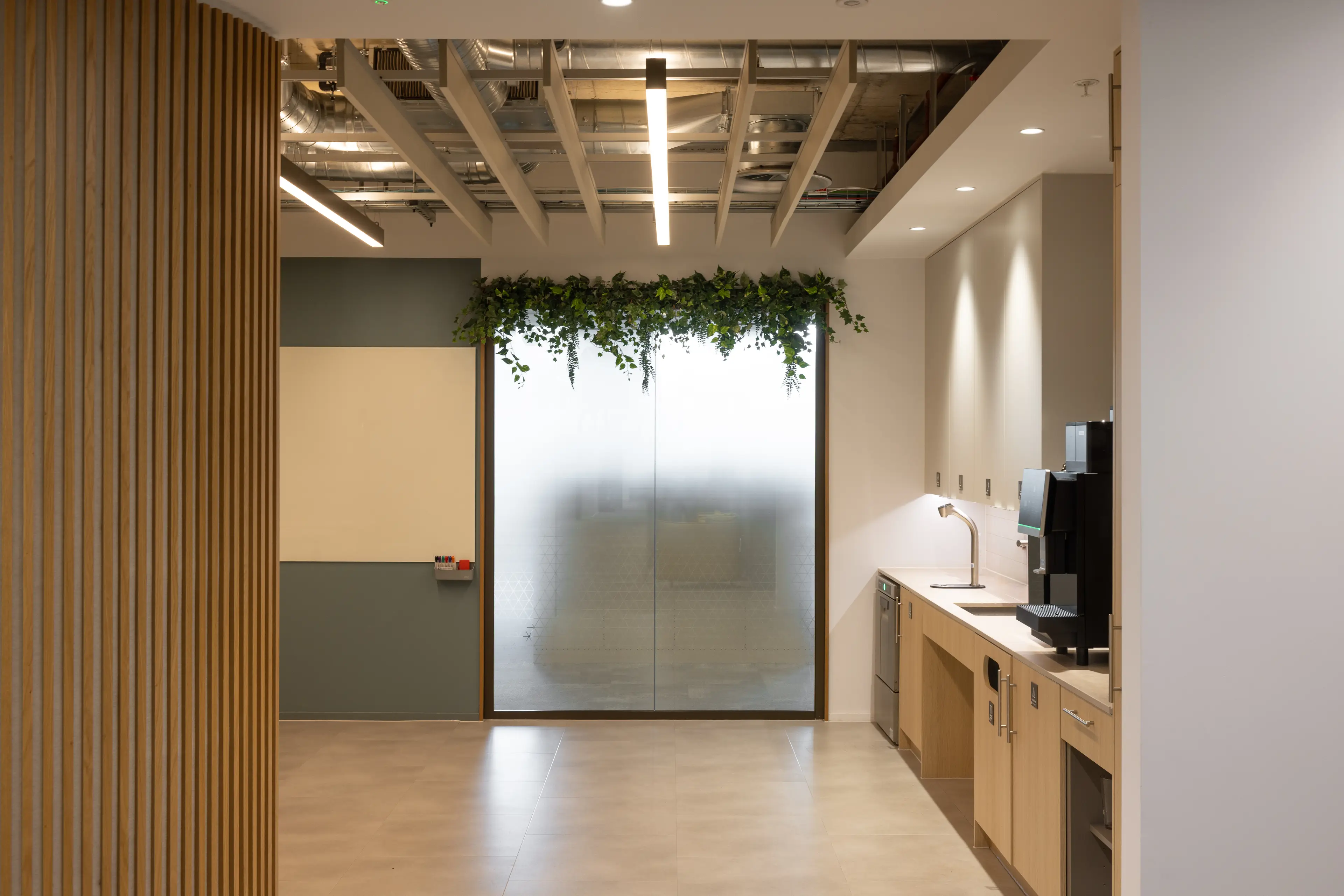 A view doen an office hallway with hanging planting at the end