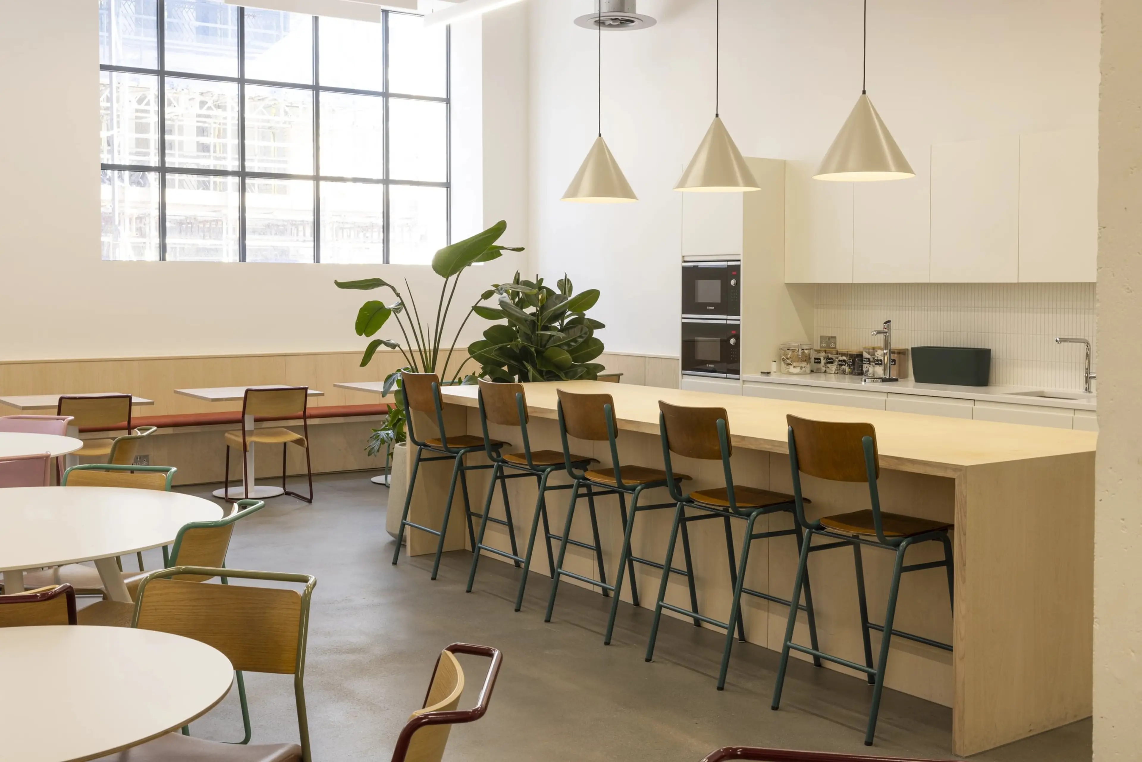 A modern, bright office kitchen space, with plants in the background, lit in natural daylight by a big glass window.