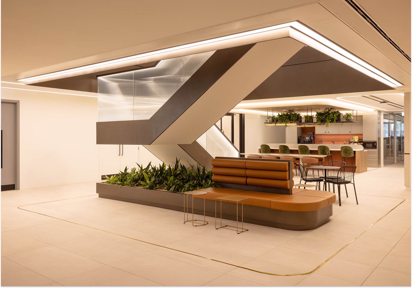 Art-deco atrium with furniture planters, and rafter hanging plants