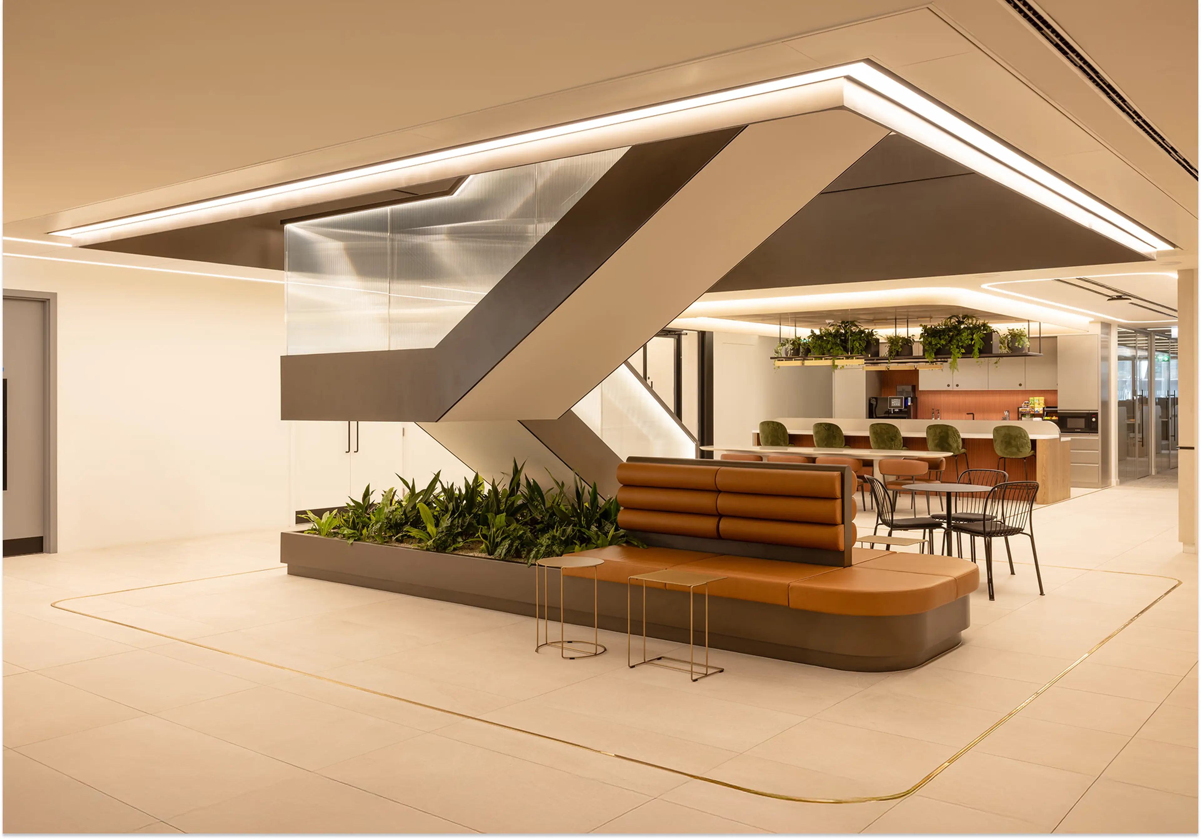 Art-deco atrium with furniture planters, and rafter hanging plants