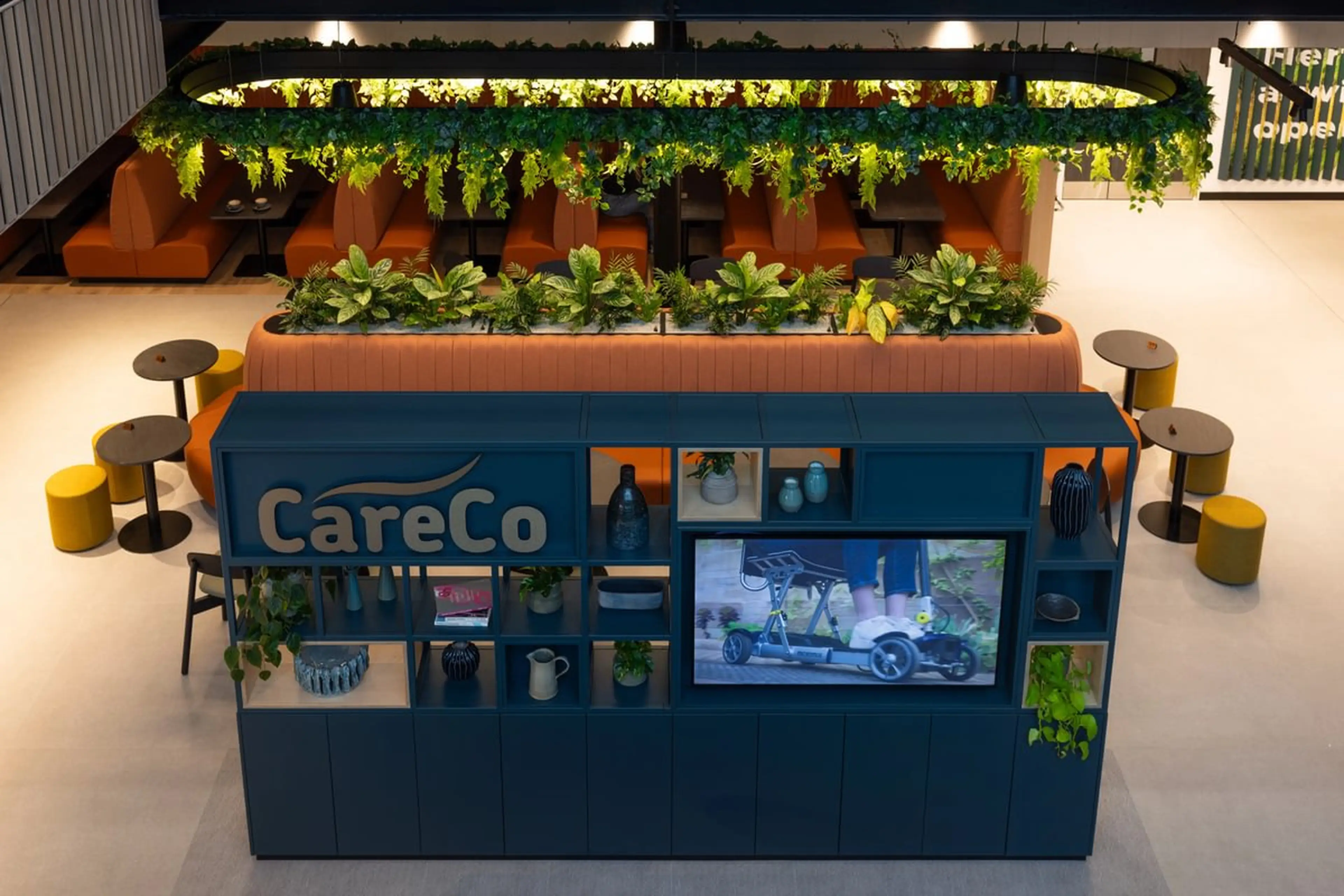 An overhead view of careco's new lush planted breakout space