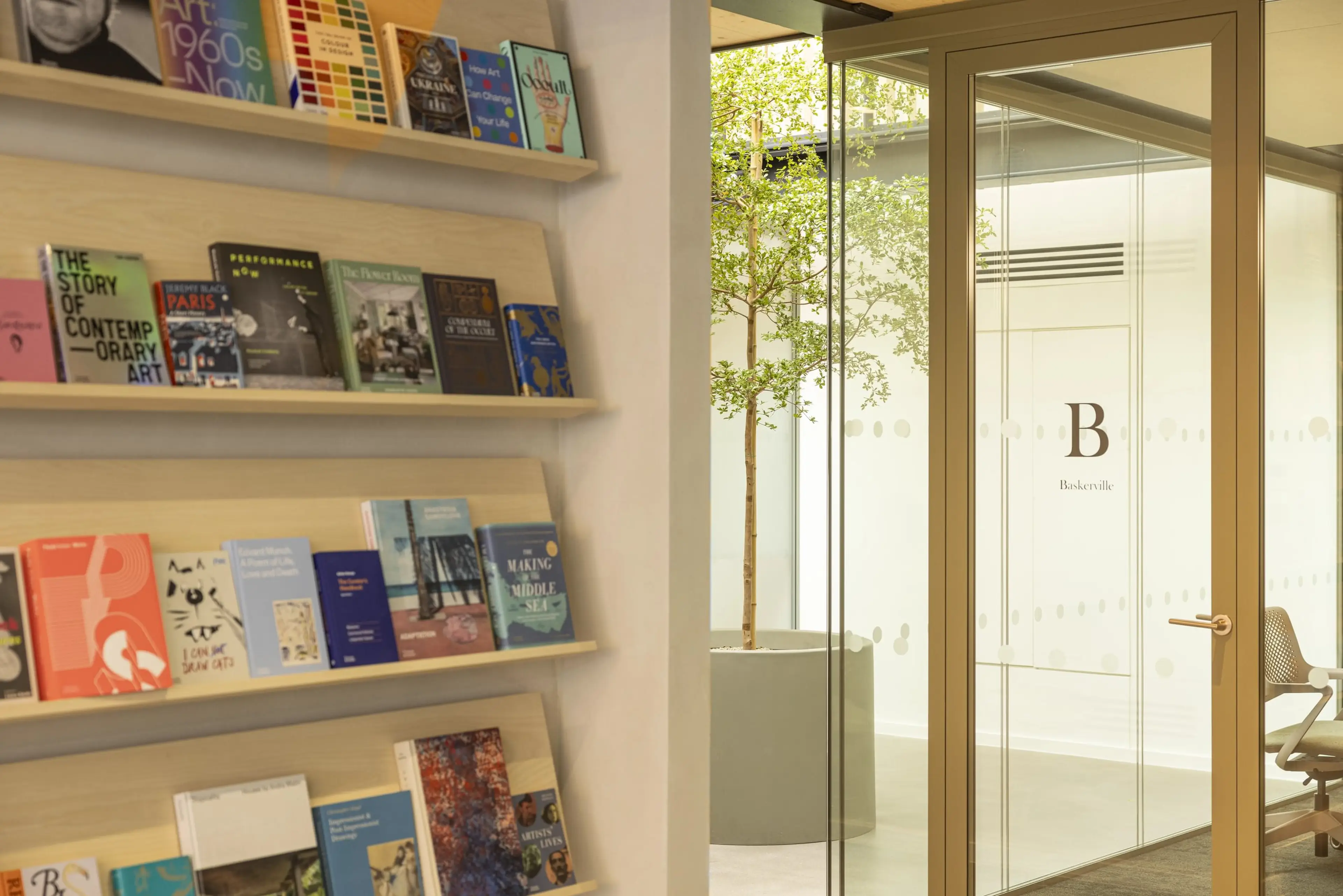An appealing office meeting room with an indoor tree in the background.