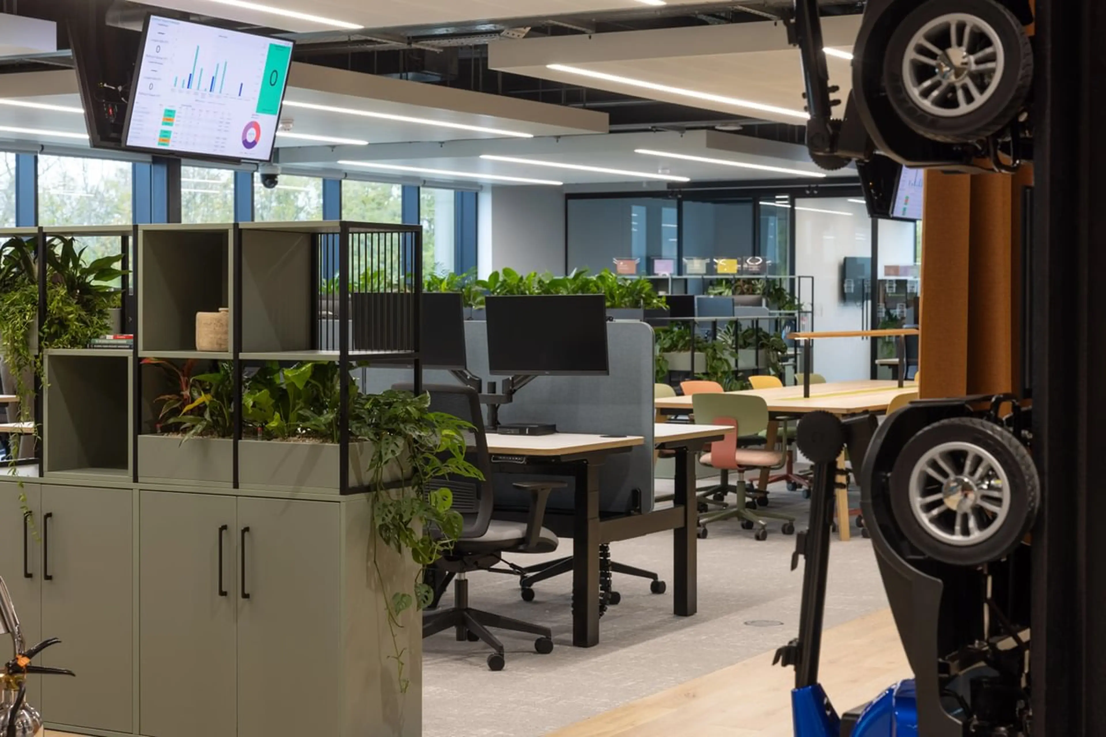 An office with desktop office planting and shelf planting