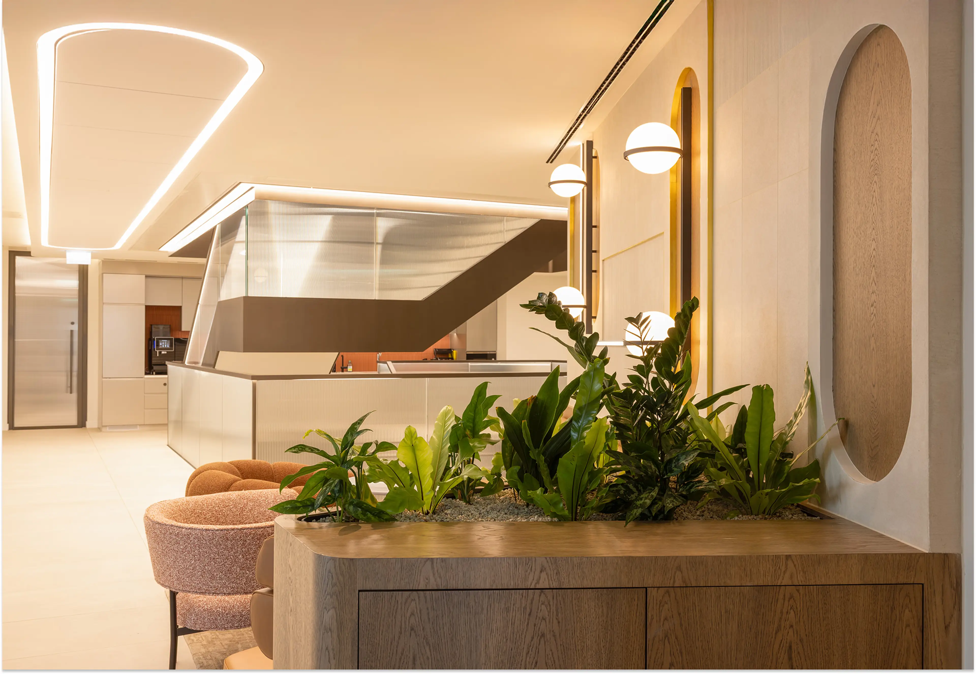 A futuristic office space with furniture planters in the fore