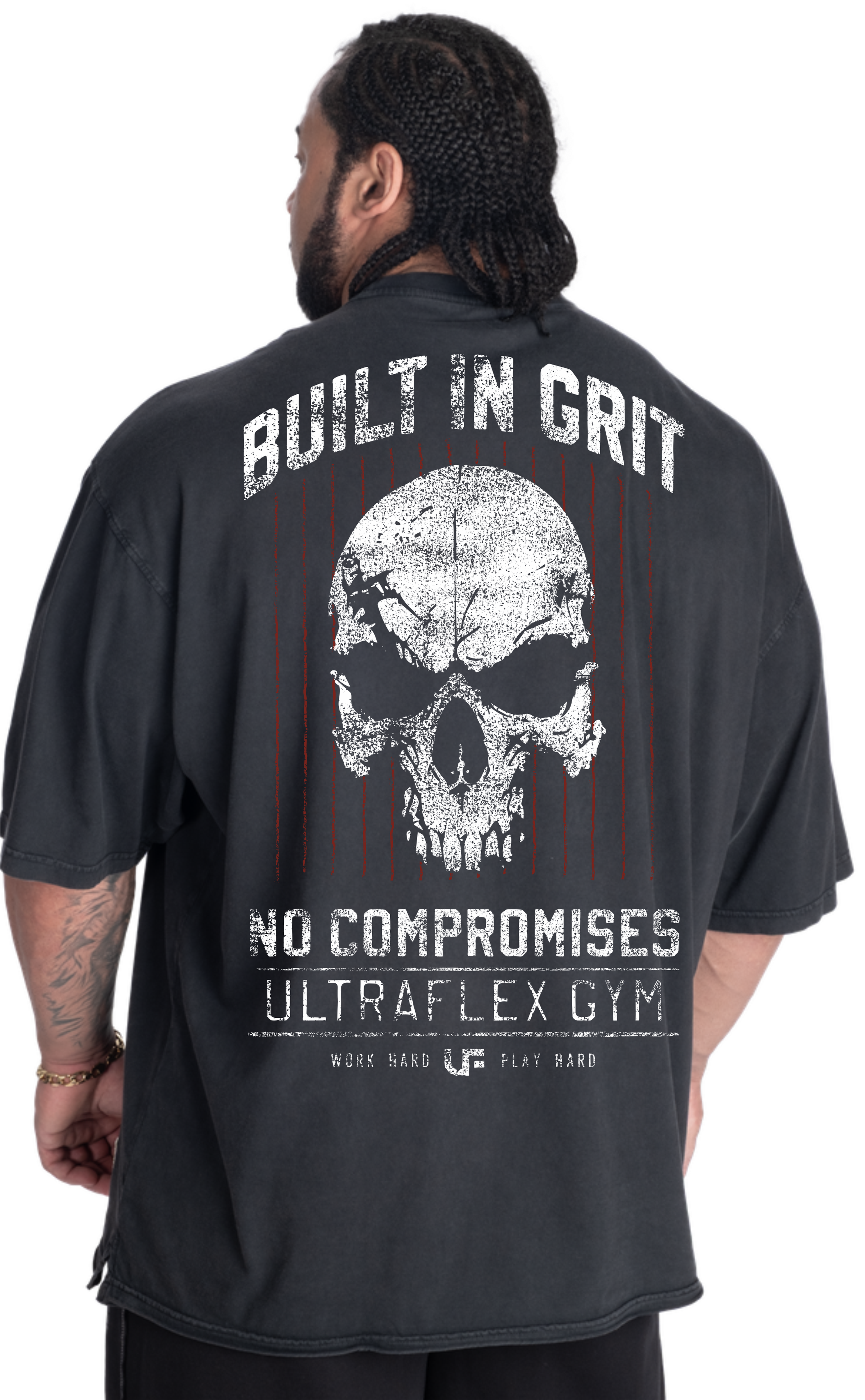 Man wearing a black T-shirt with a skull design and text: "Built in Grit, No Compromises, Ultraflex Gym."