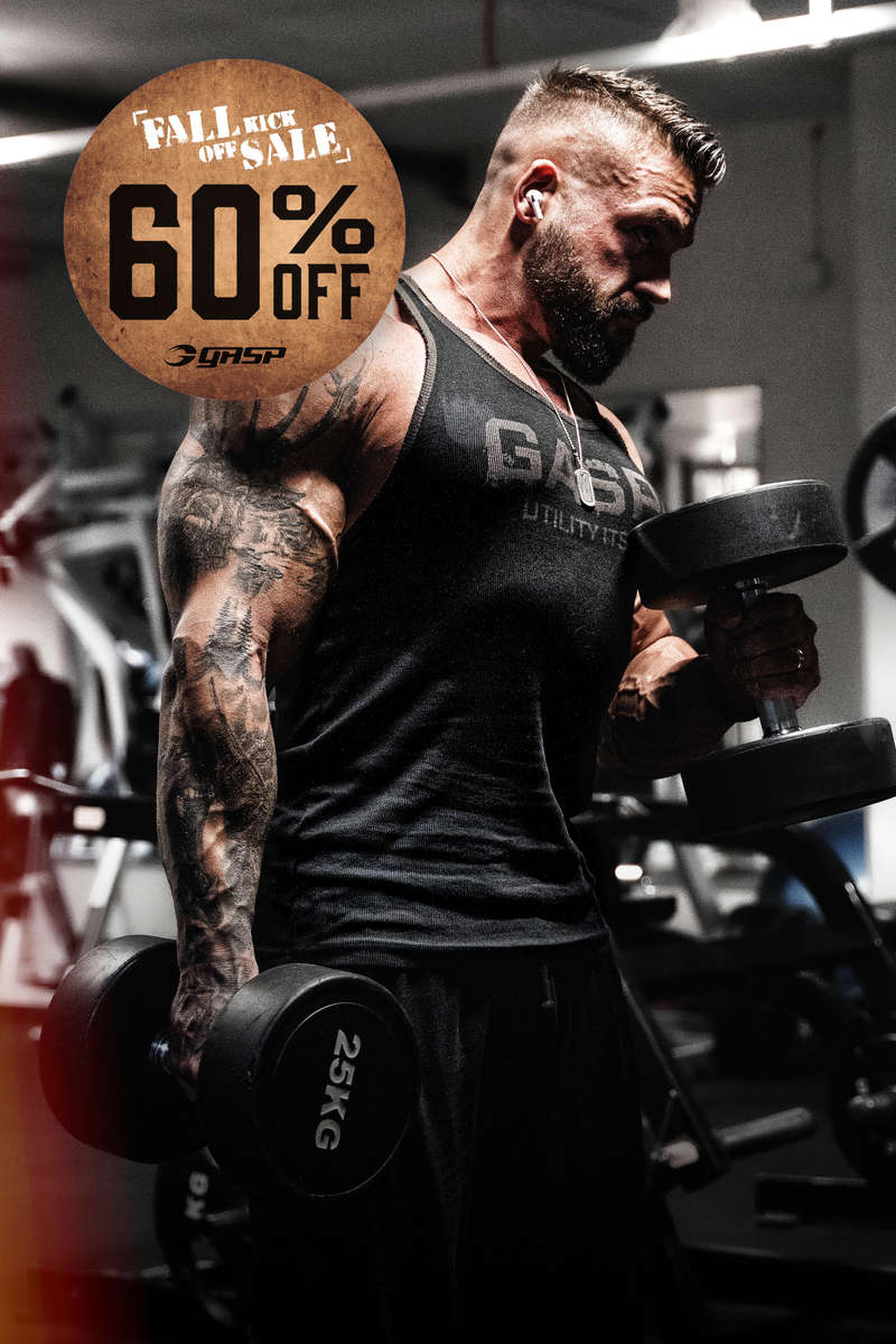 Muscular man lifting dumbbells in a gym, wearing a black tank top. A "Fall Kick Off Sale 60% Off" circular banner is in the top left corner.